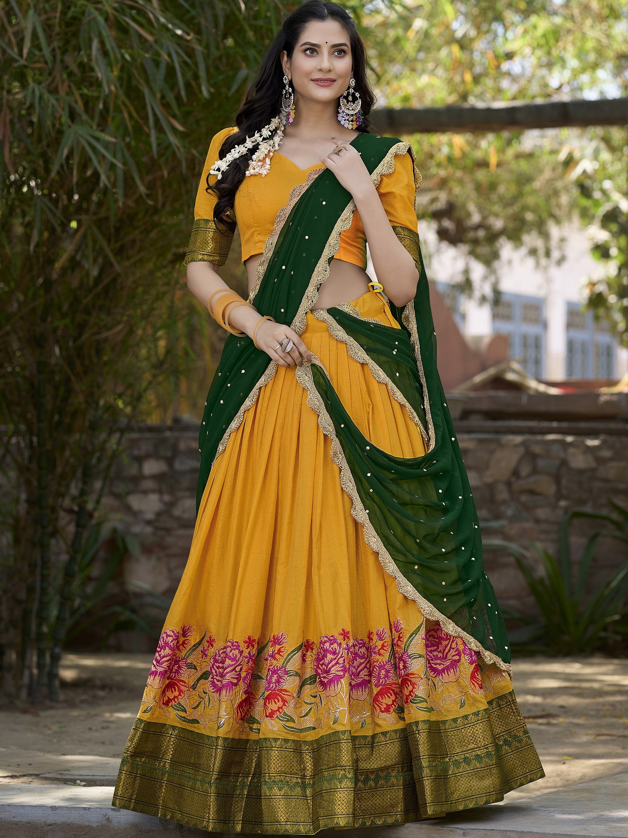 Cotton Silk Embroidered Lehenga With Georgette Dupatta