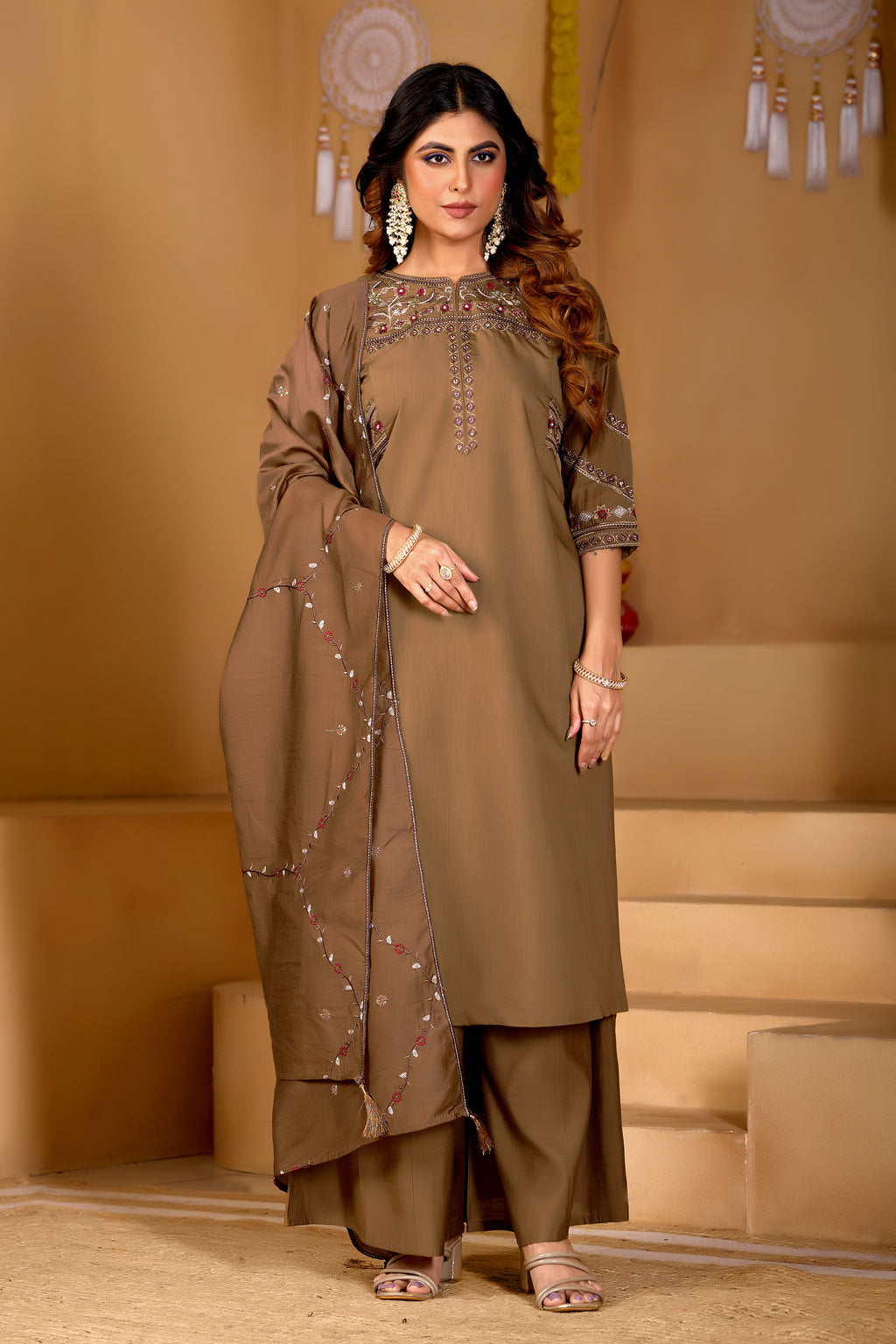 Viscose Multi Thread Embroidered Kurti Palazzo With Dupatta