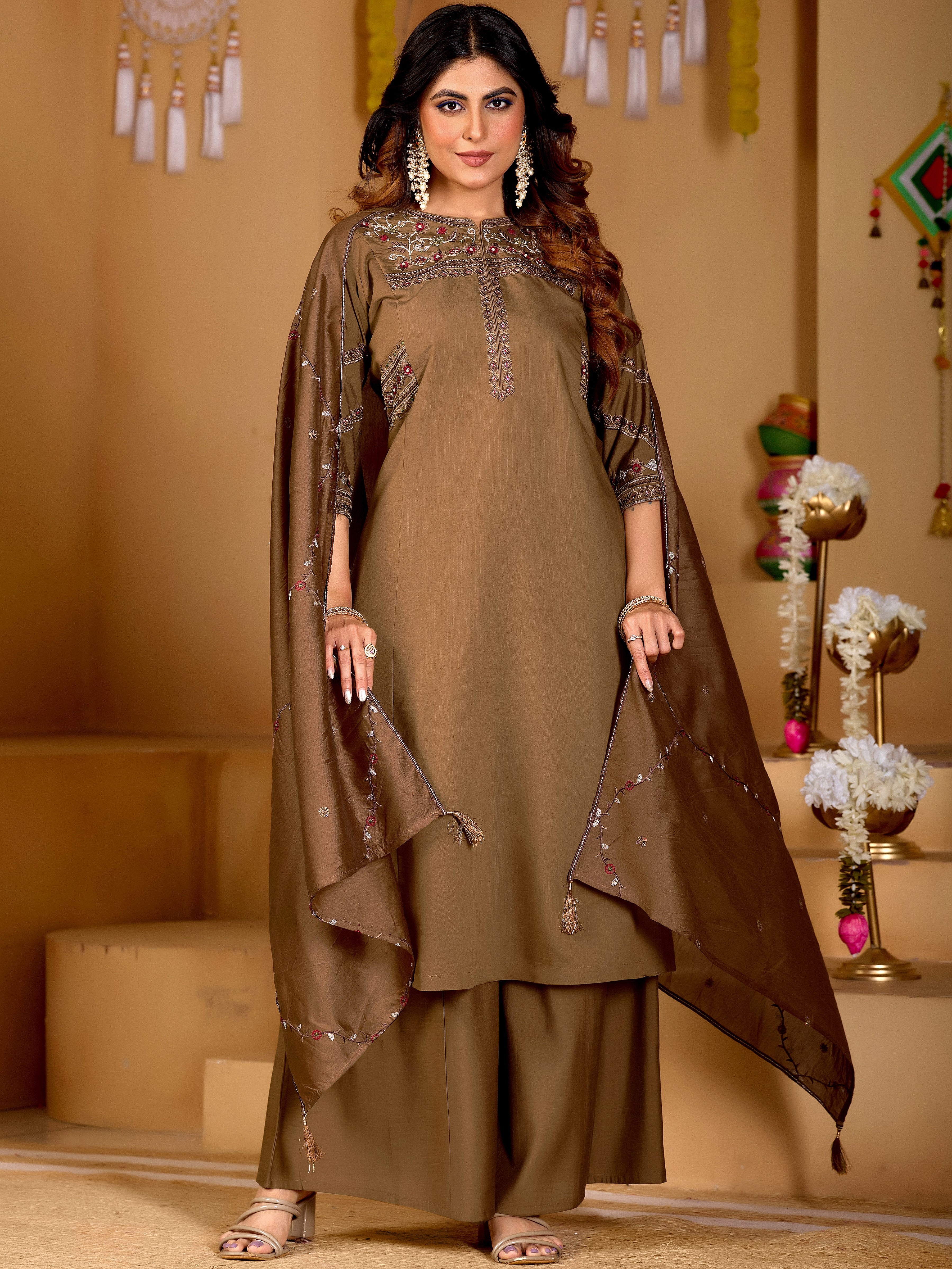 Viscose Multi Thread Embroidered Kurti Palazzo With Dupatta