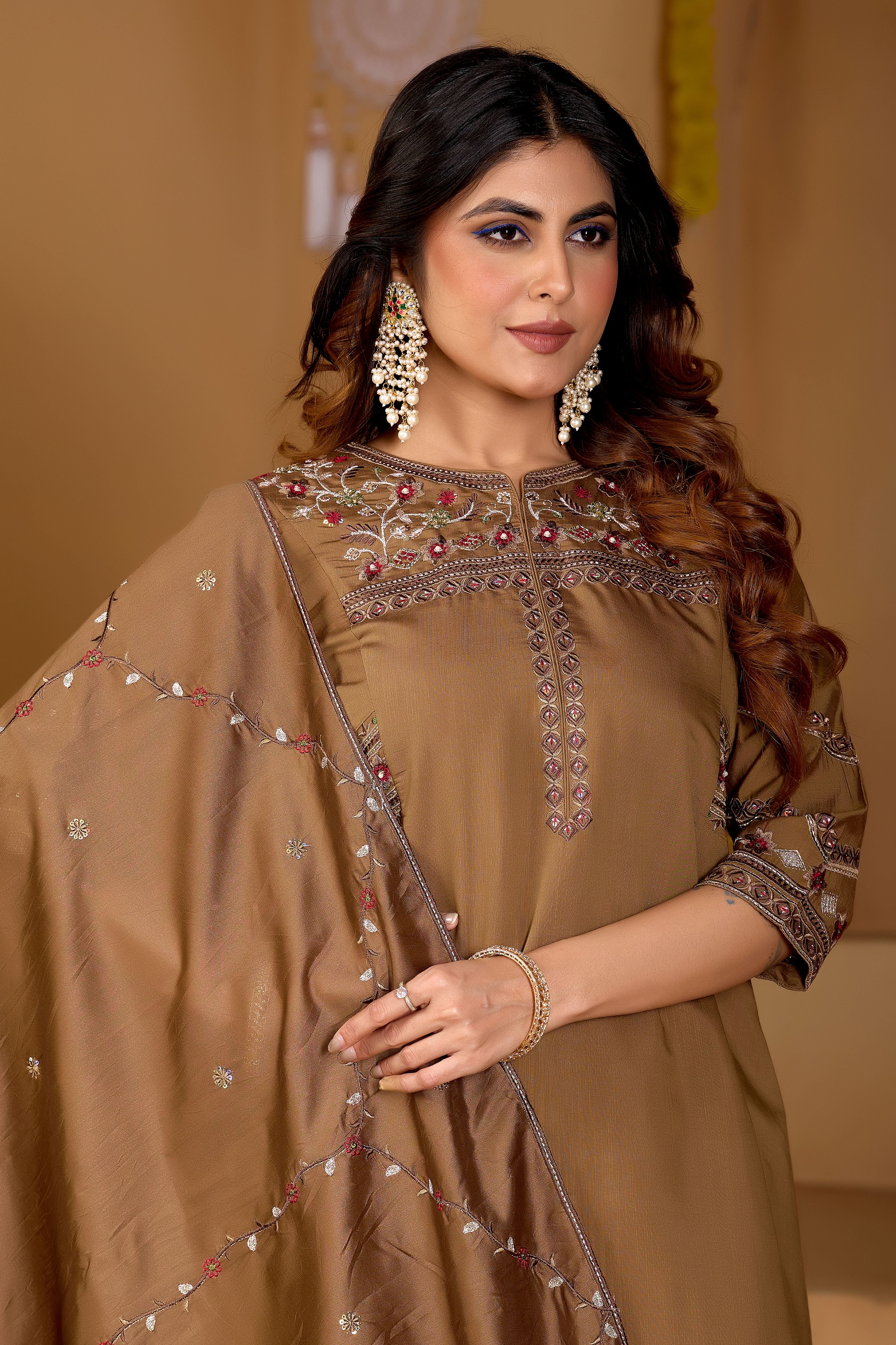 Viscose Multi Thread Embroidered Kurti Palazzo With Dupatta