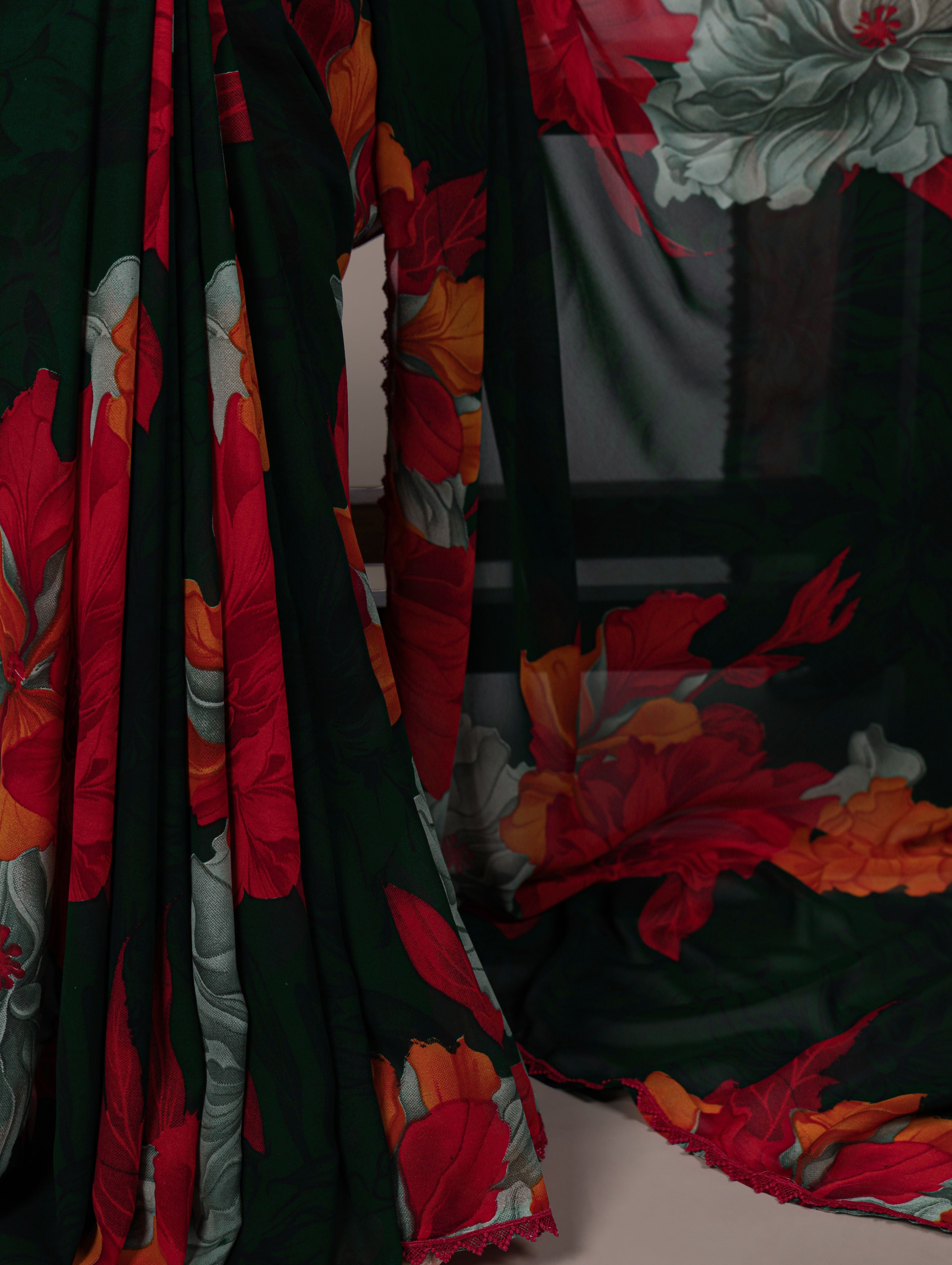 Marble Floral Printed Saree With Lace Border