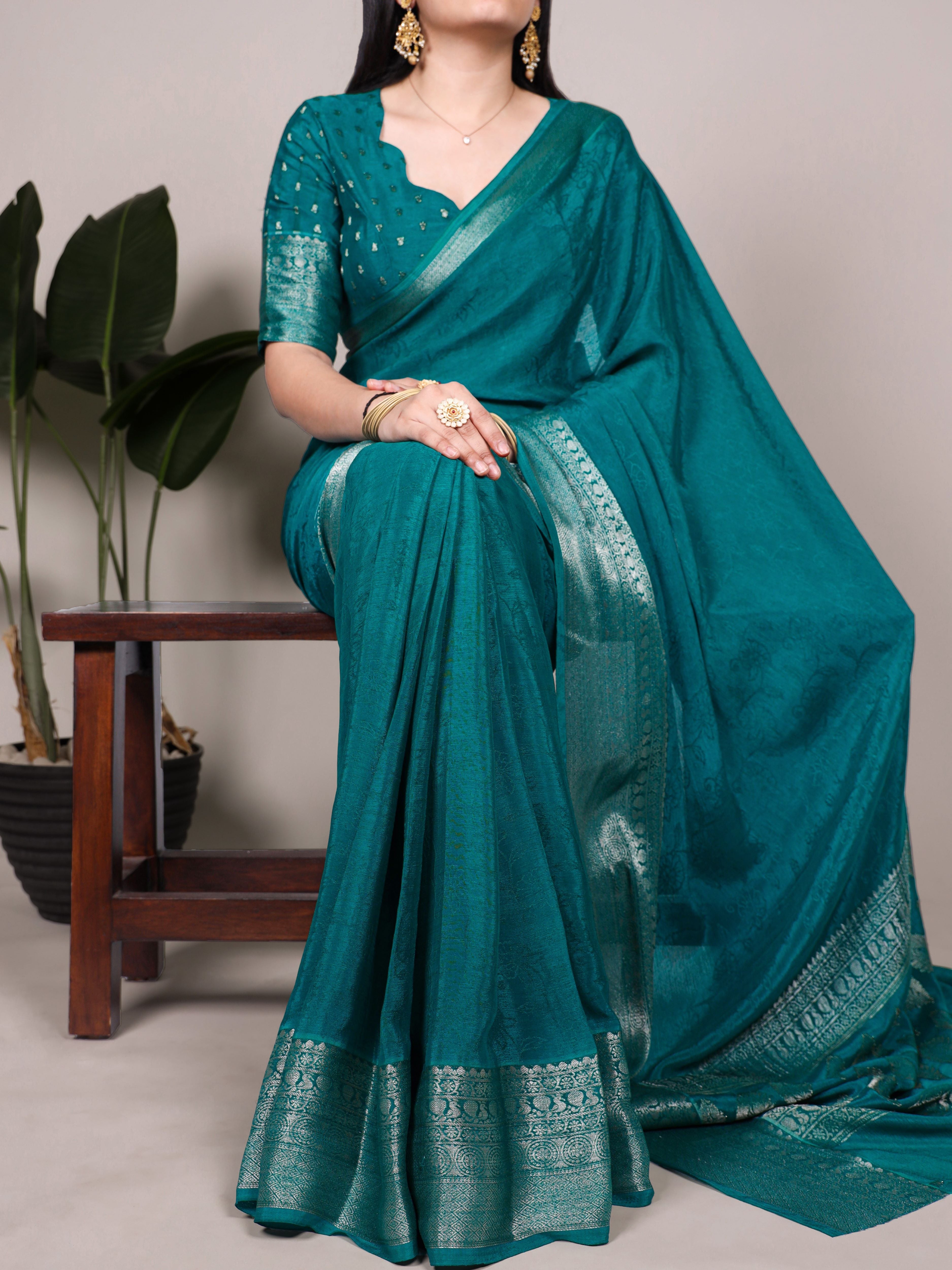 Chinon Self Printed Zari Weaving Saree