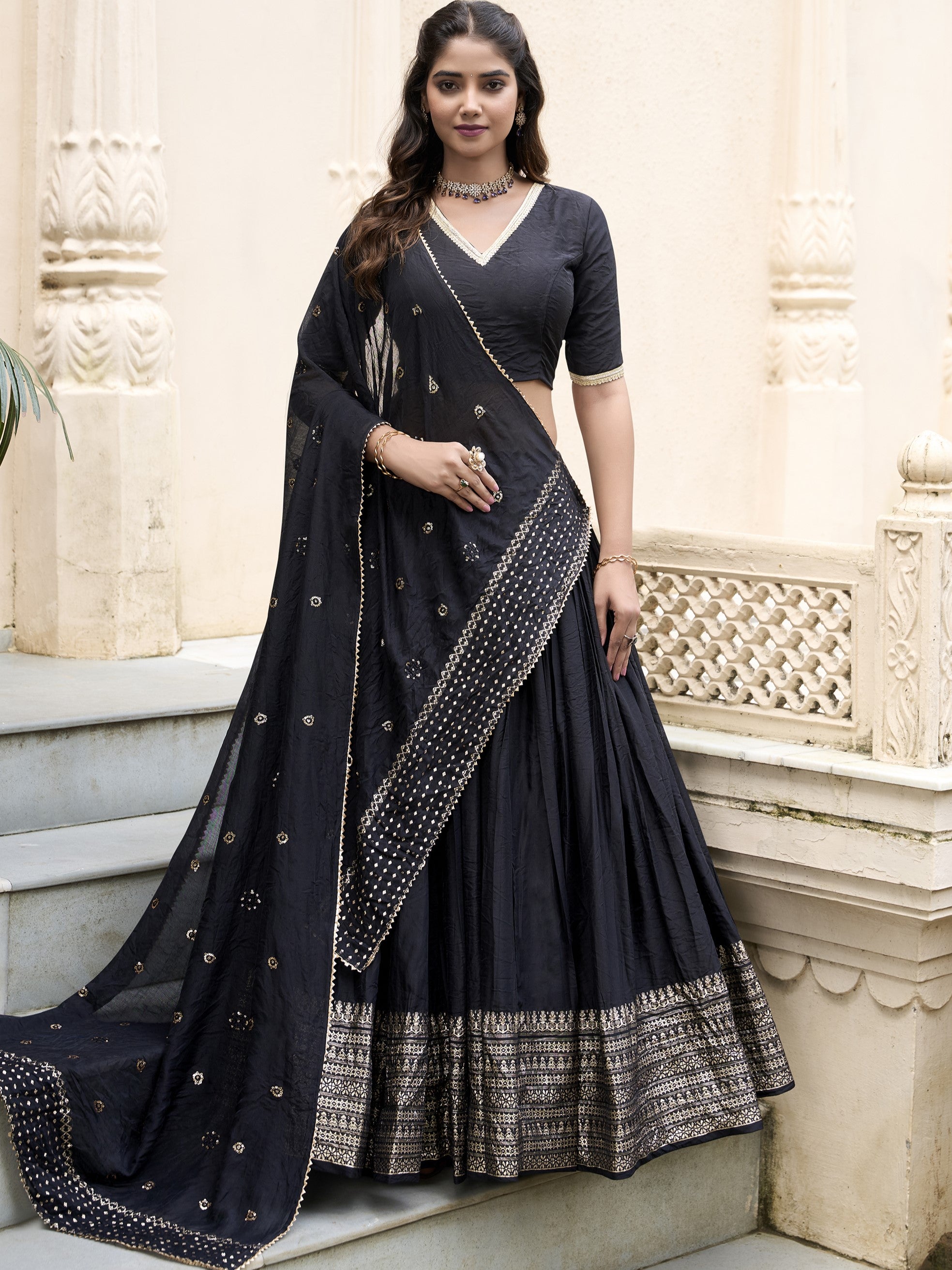Pure Chanderi Plain Zari Weaving Lehenga With Dupatta