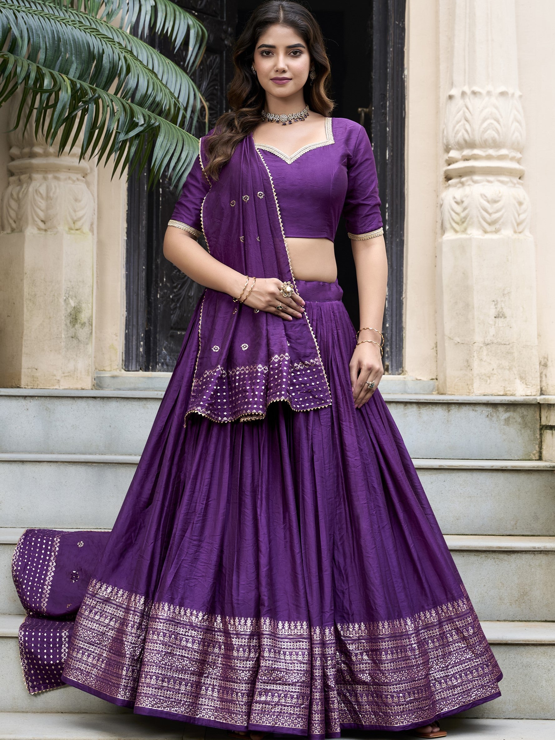Pure Chanderi Plain Zari Weaving Lehenga With Dupatta