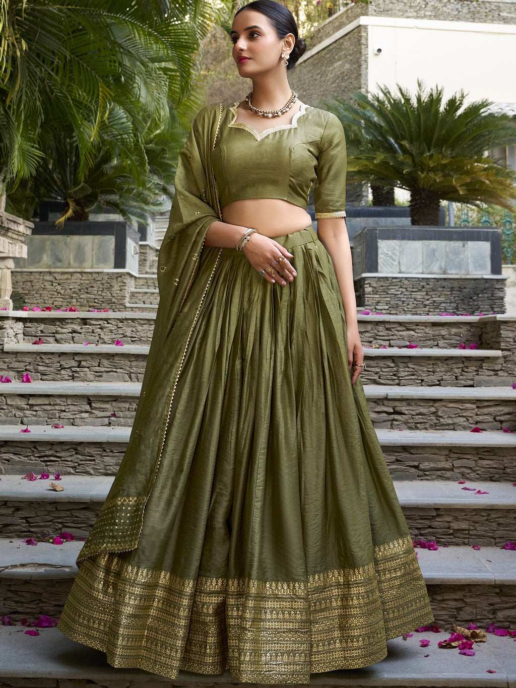 Pure Chanderi Plain Zari Weaving Lehenga With Dupatta