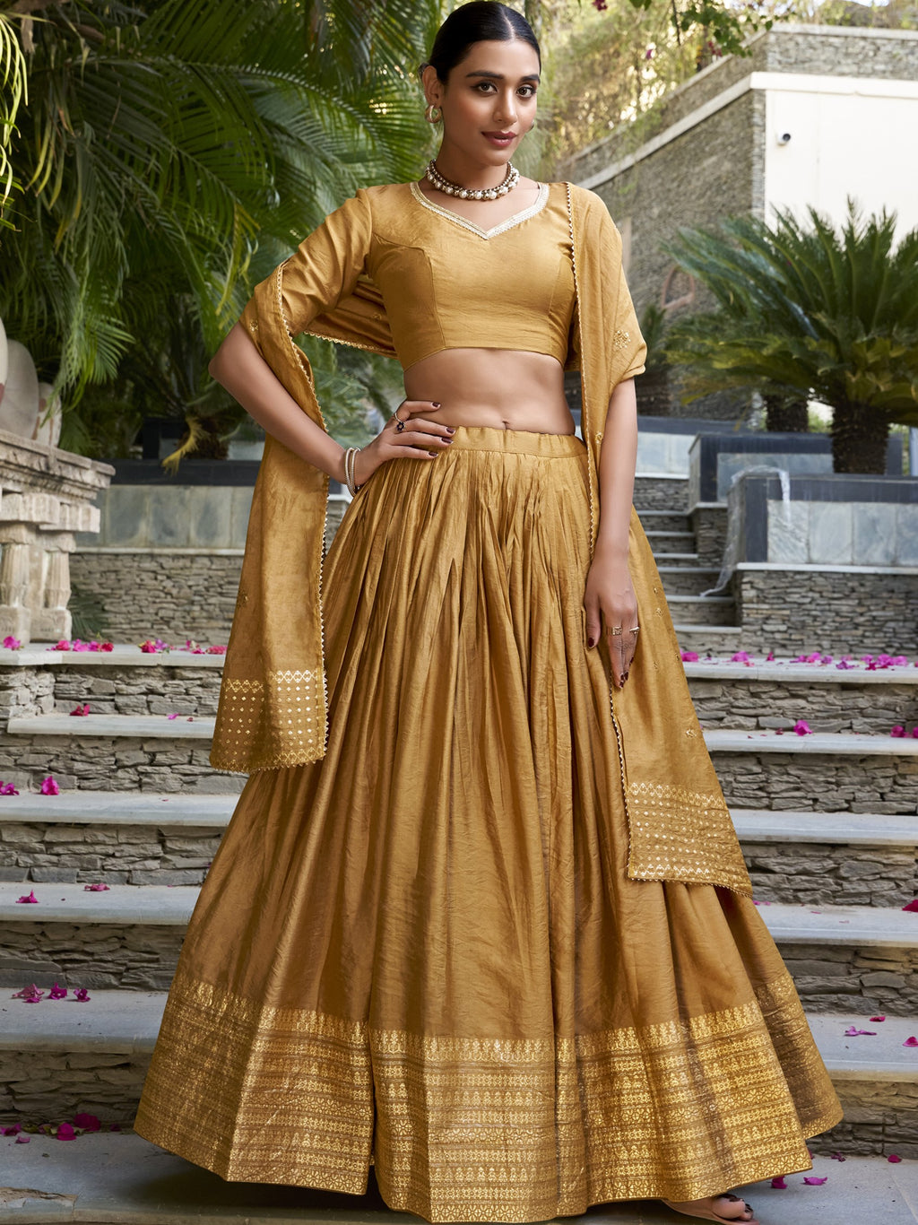 Pure Chanderi Plain Zari Weaving Lehenga With Dupatta