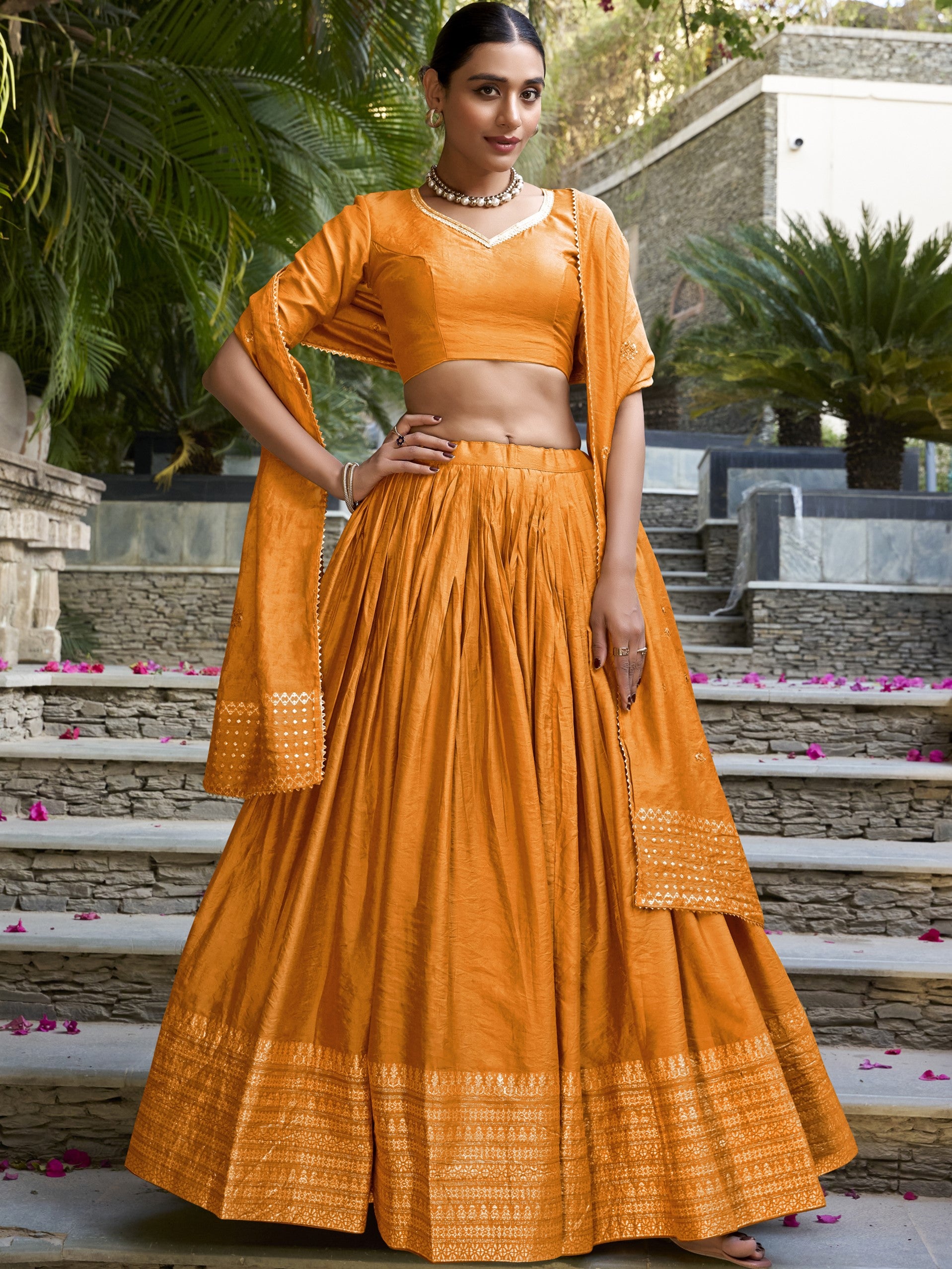 Pure Chanderi Plain Zari Weaving Lehenga With Dupatta