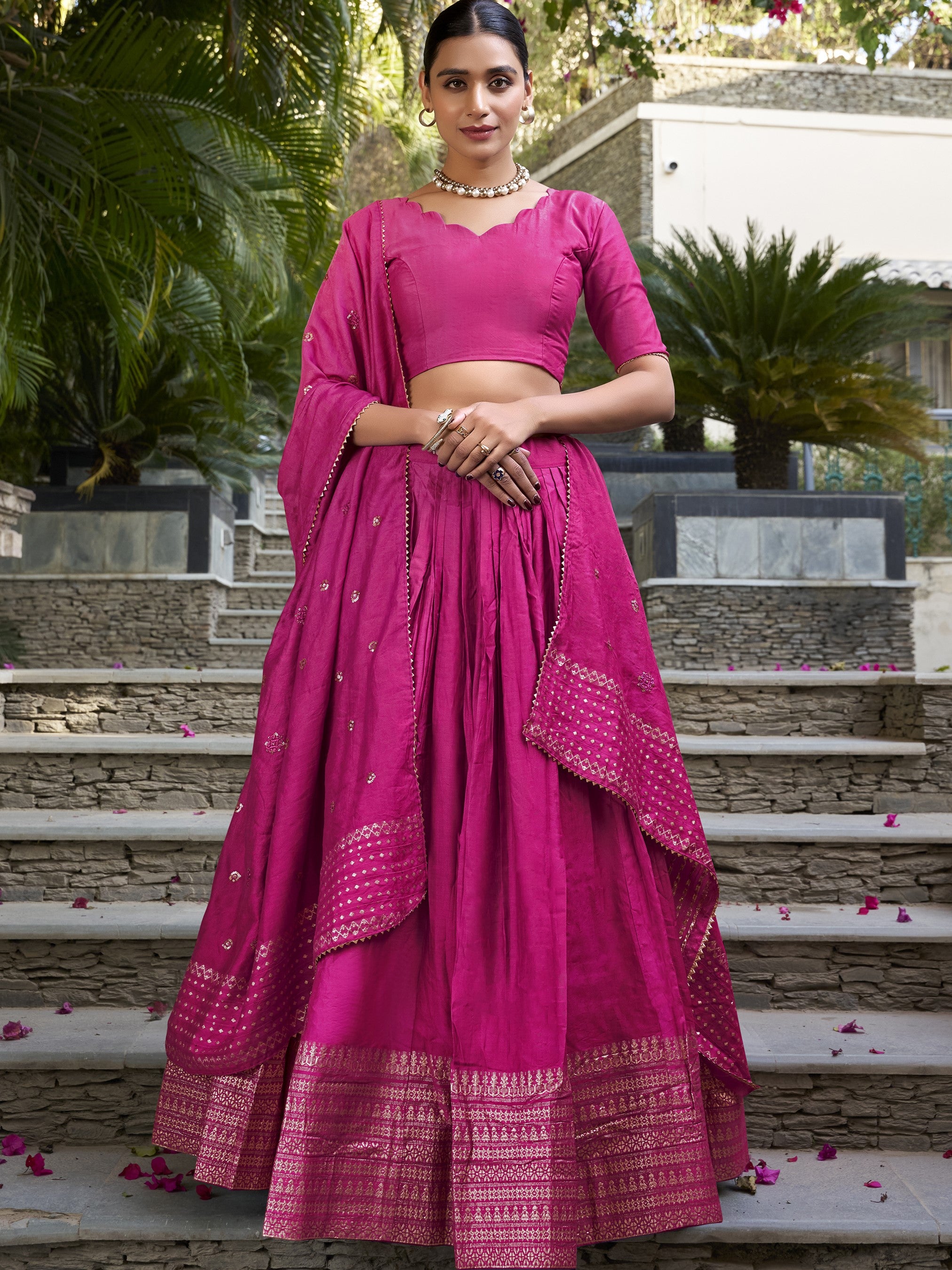 Pure Chanderi Plain Zari Weaving Lehenga With Dupatta