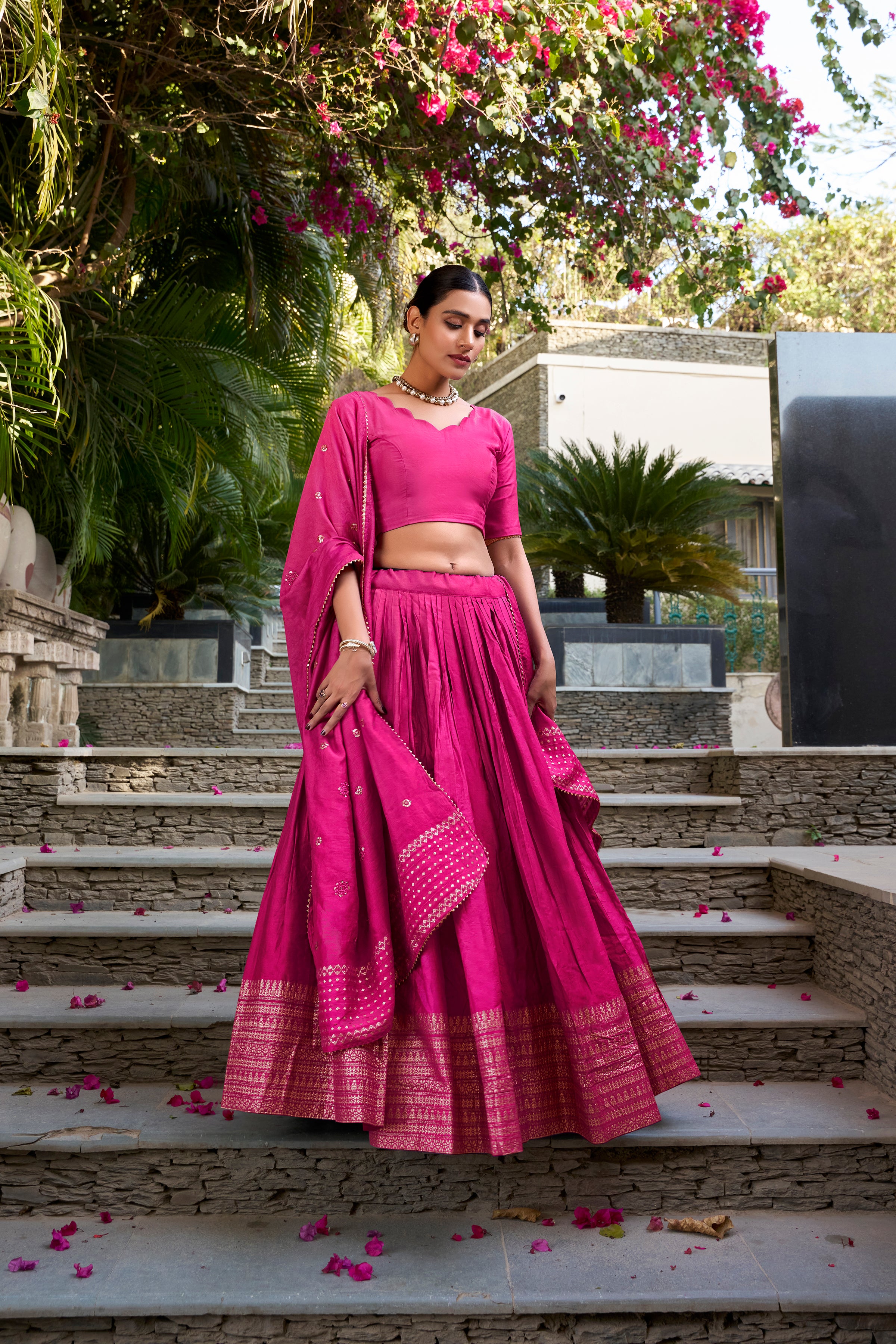 Pure Chanderi Plain Zari Weaving Lehenga With Dupatta