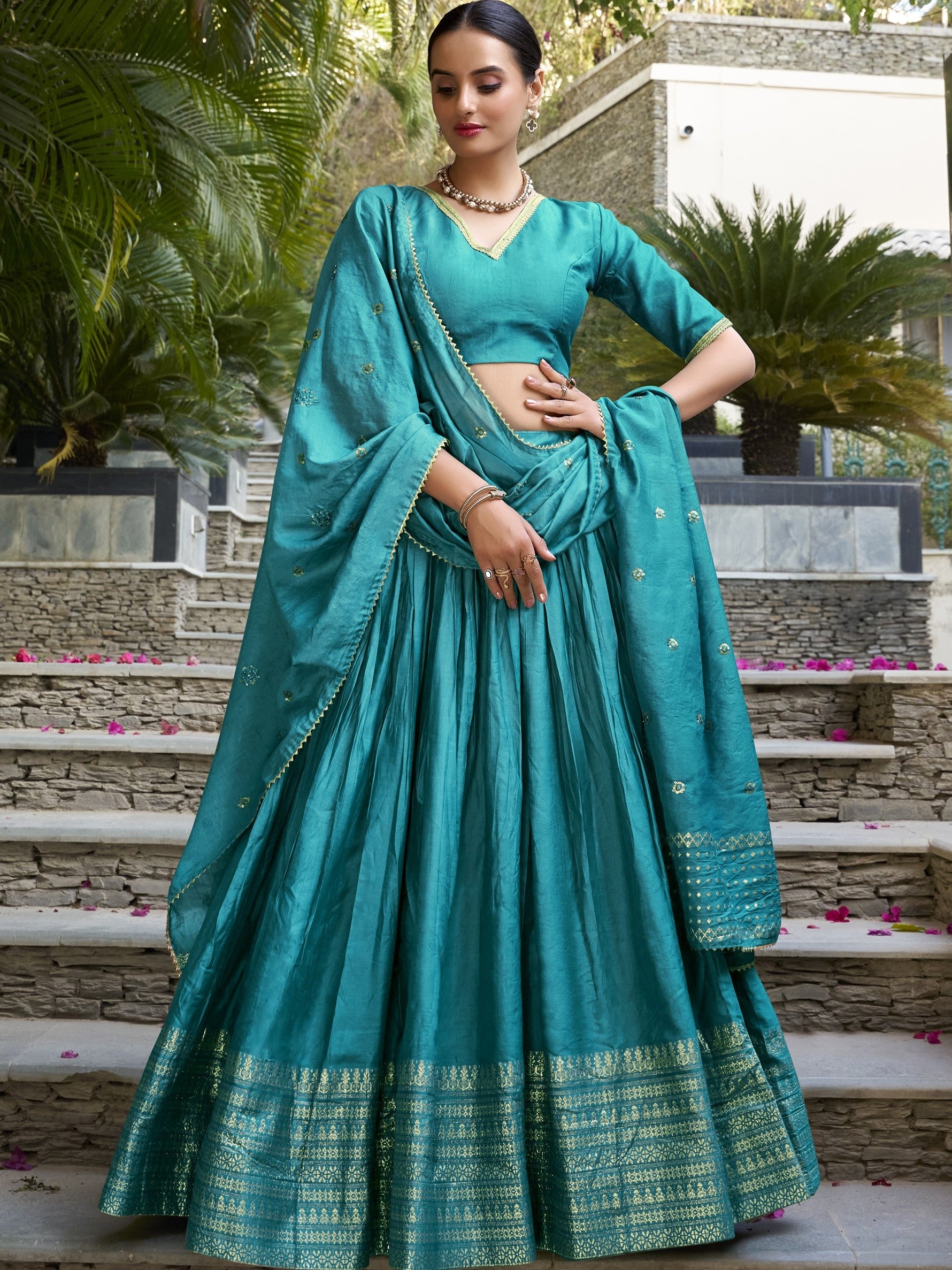 Pure Chanderi Plain Zari Weaving Lehenga With Dupatta