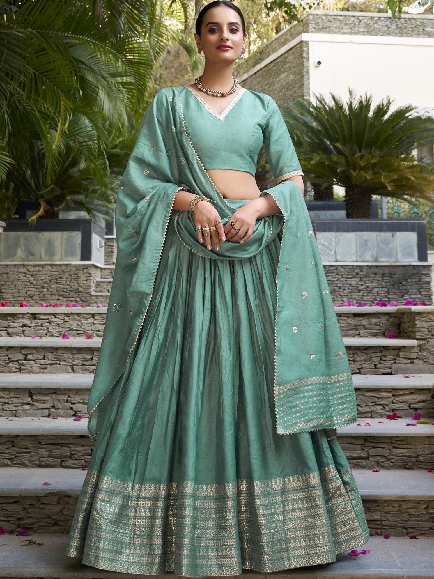 Pure Chanderi Plain Zari Weaving Lehenga With Dupatta
