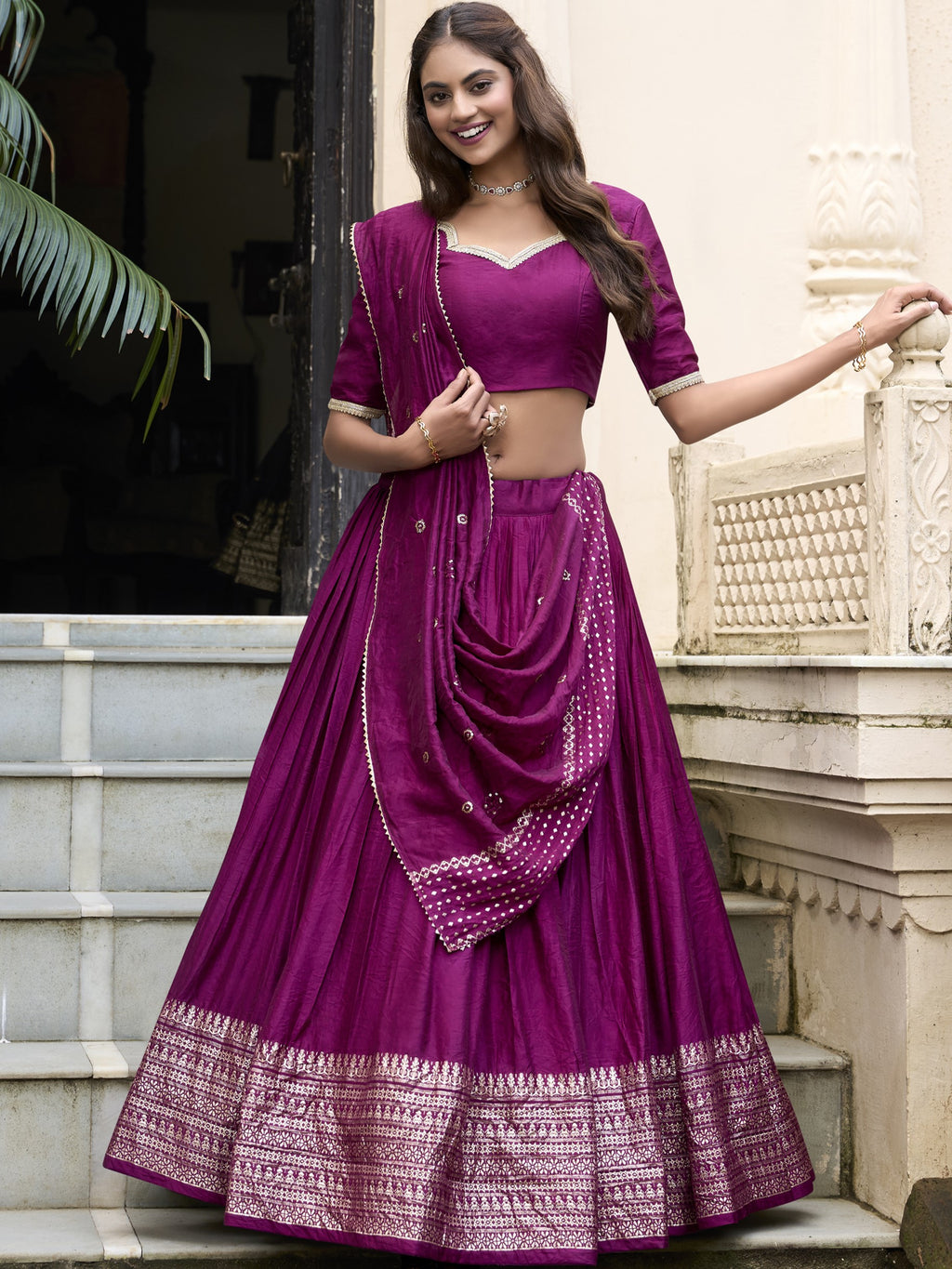 Pure Chanderi Plain Zari Weaving Lehenga With Dupatta