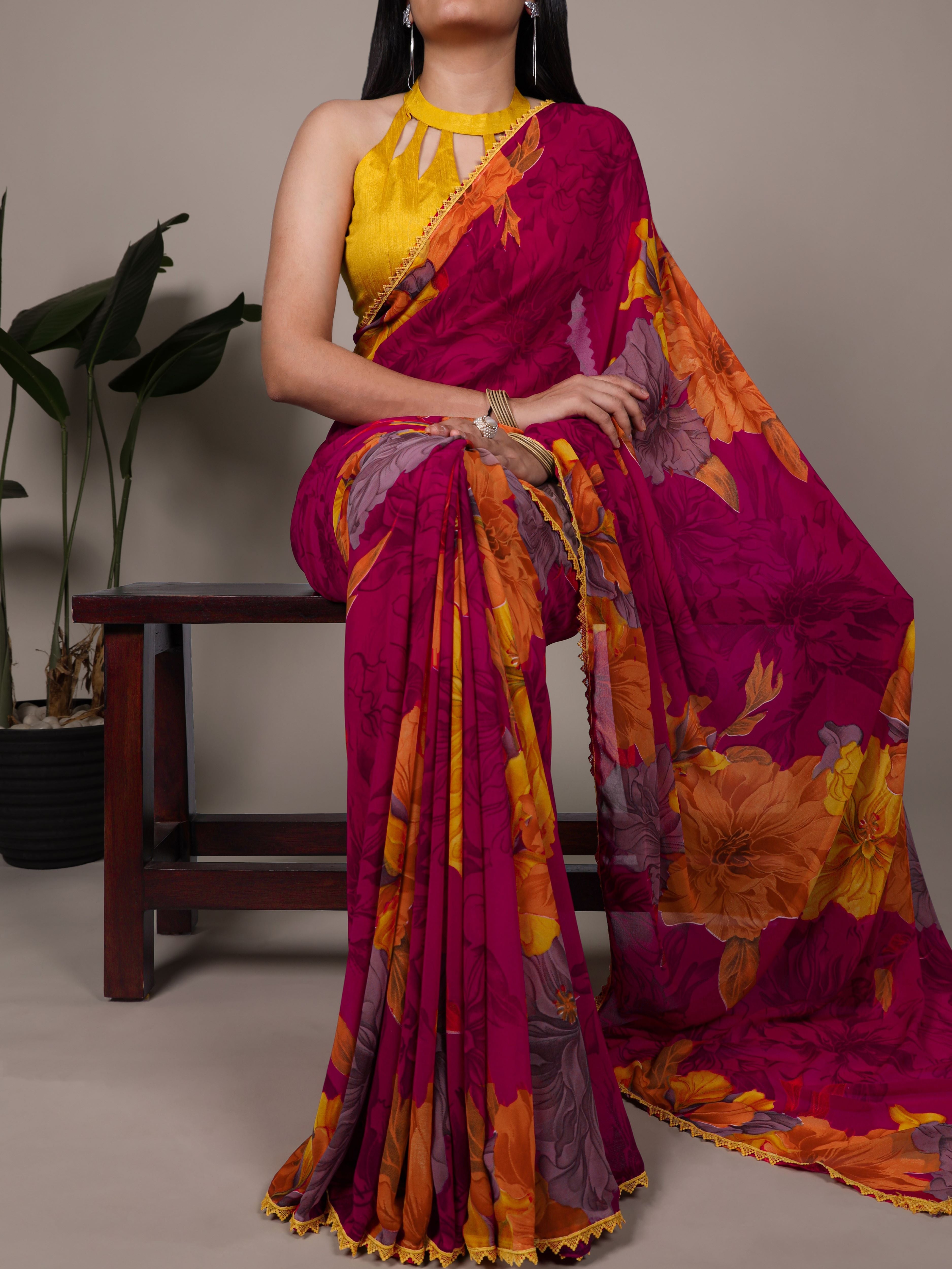 Marble Floral Printed Saree With Lace Border