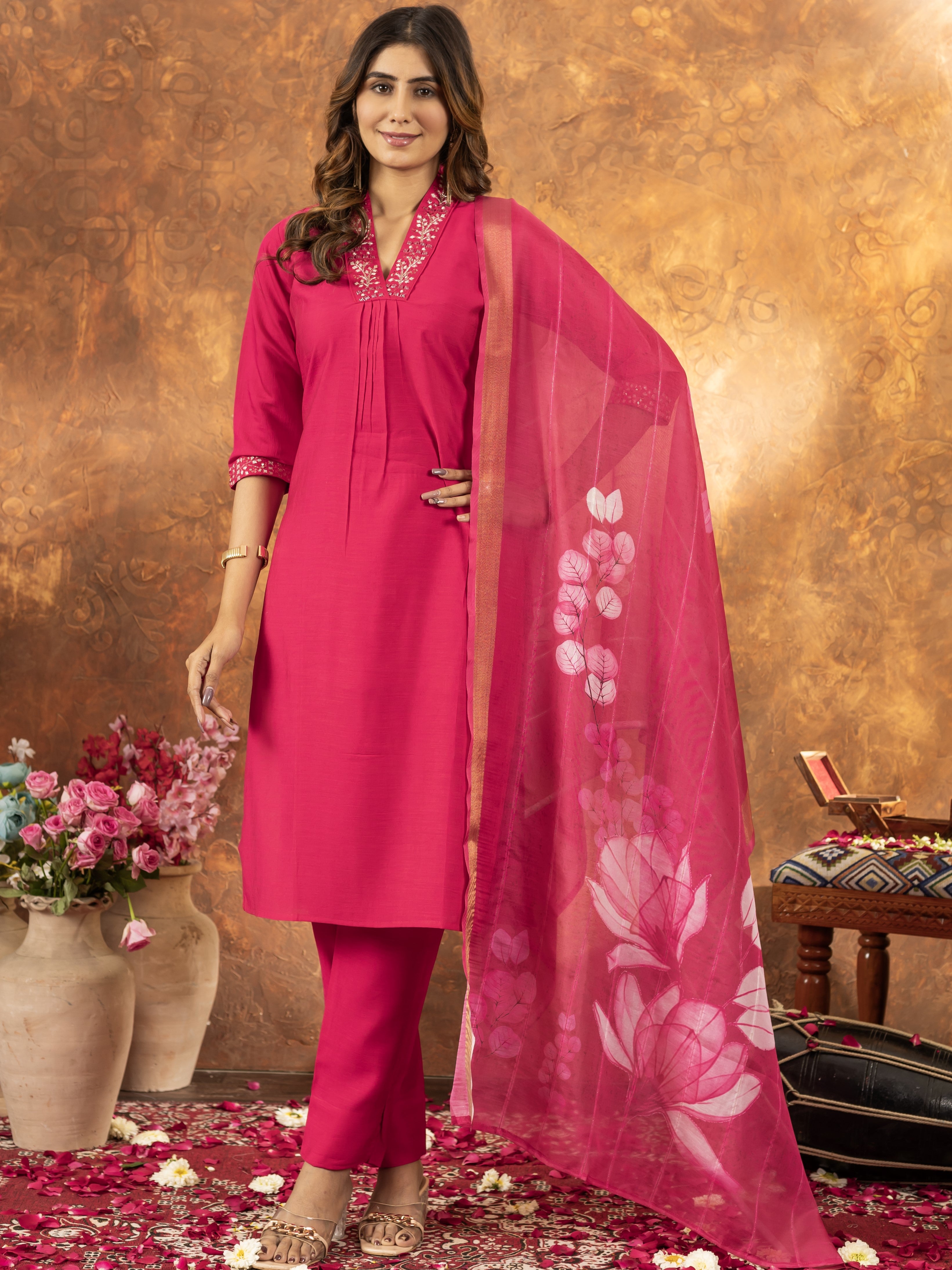 Roman Silk Top Bottom Set For Women