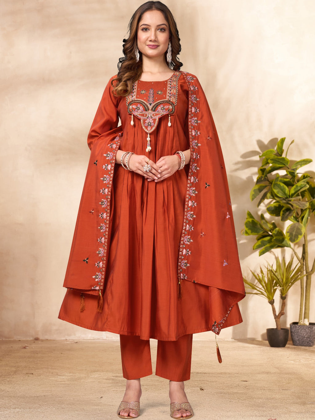 Roman Silk Embroidered Kurti-Pant With Dupatta