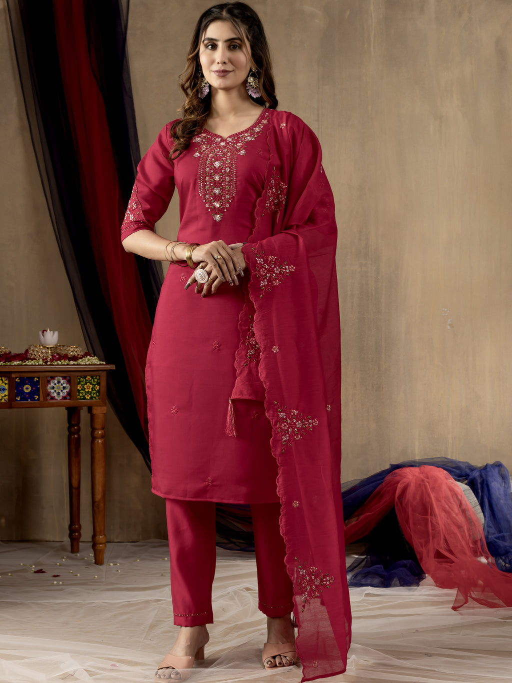 Roman Silk Top Bottom Set For Women