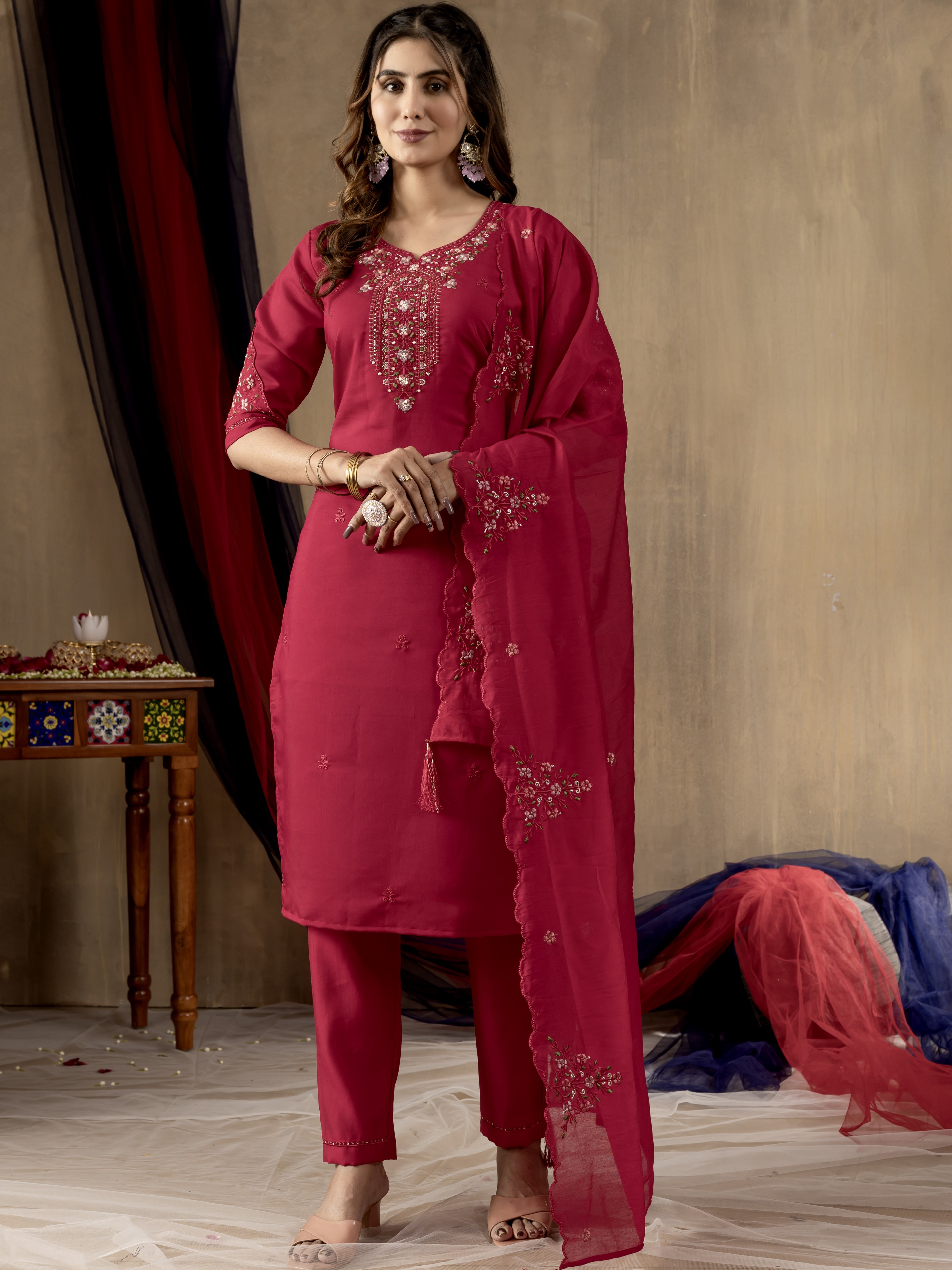 Roman Silk Top Bottom Set For Women