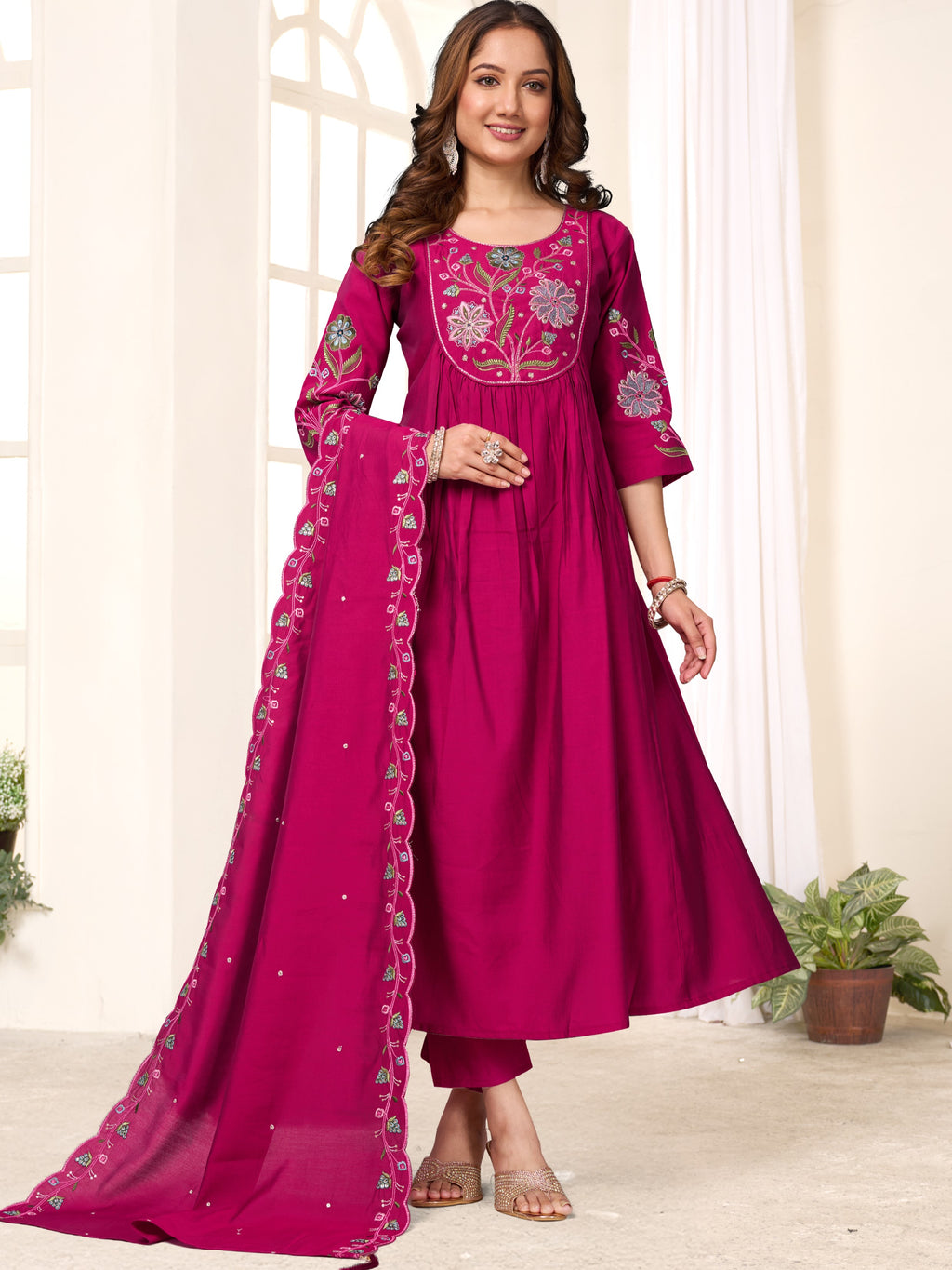 Roman Silk Hand Work Kurti-Pant With Heavy Chanderi Dupatta