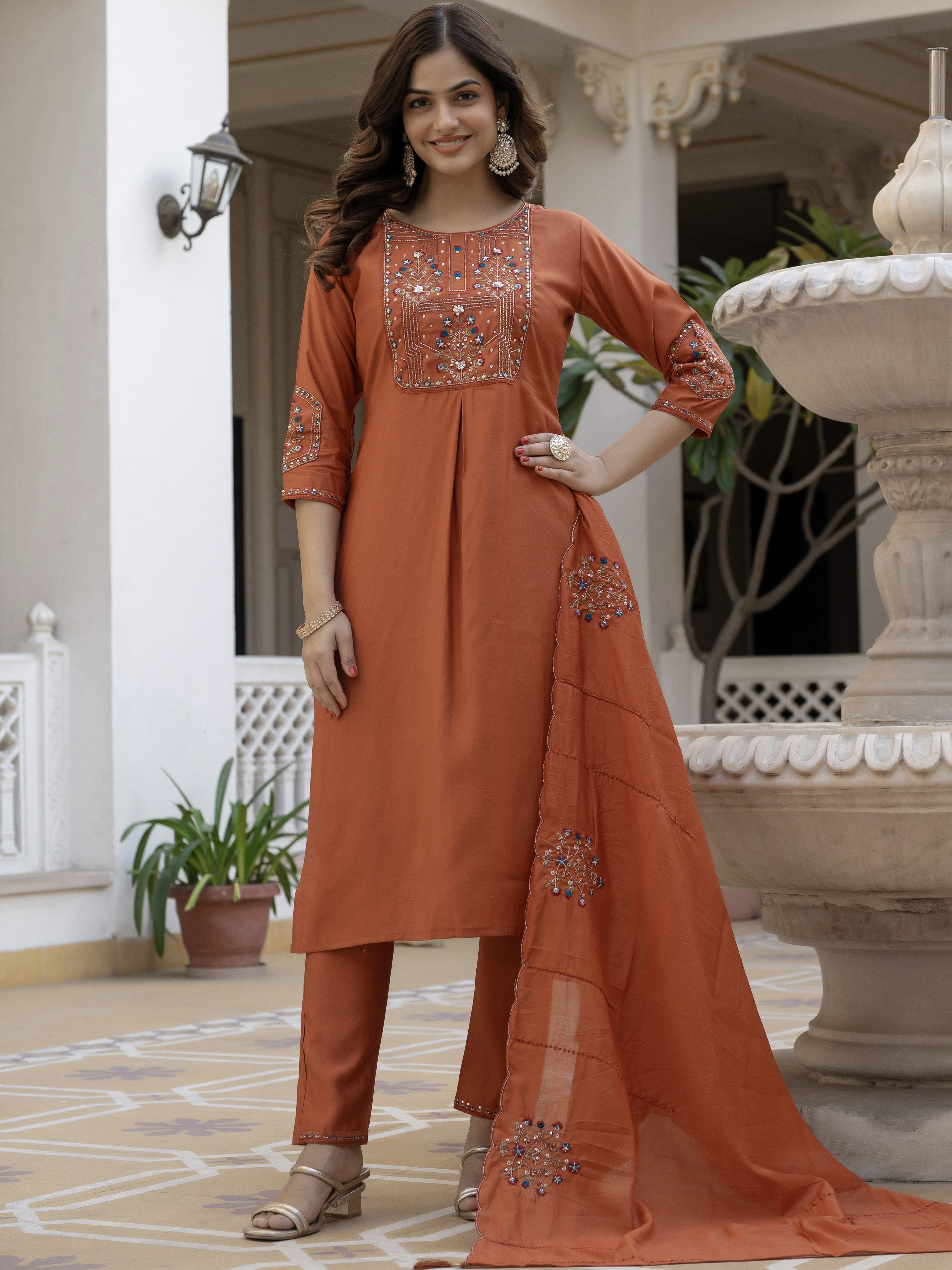 Pure Viscose Multi Embroidered kurti-Pant With Dupatta