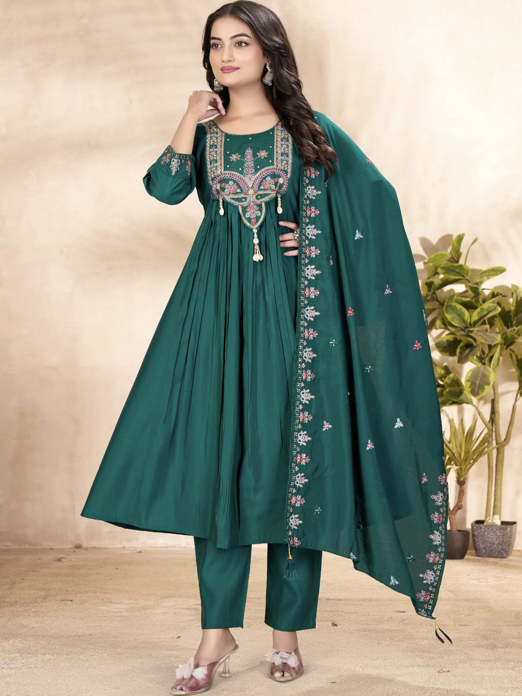 Roman Silk Embroidered Kurti-Pant With Dupatta