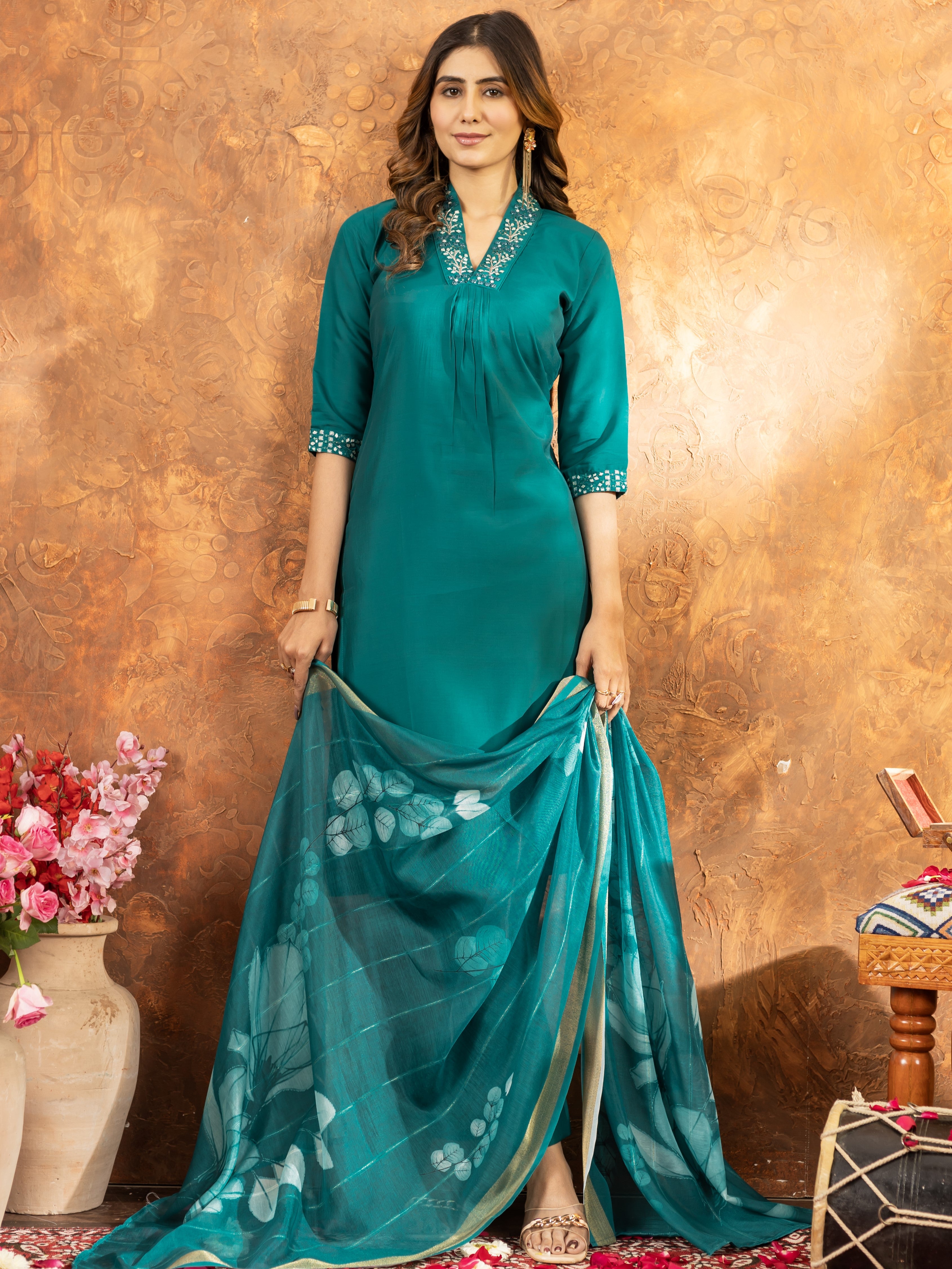 Roman Silk Top Bottom Set For Women