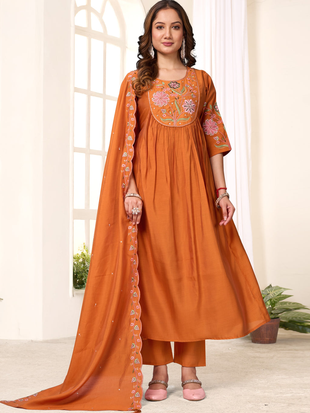Roman Silk Hand Work Kurti-Pant With Heavy Chanderi Dupatta