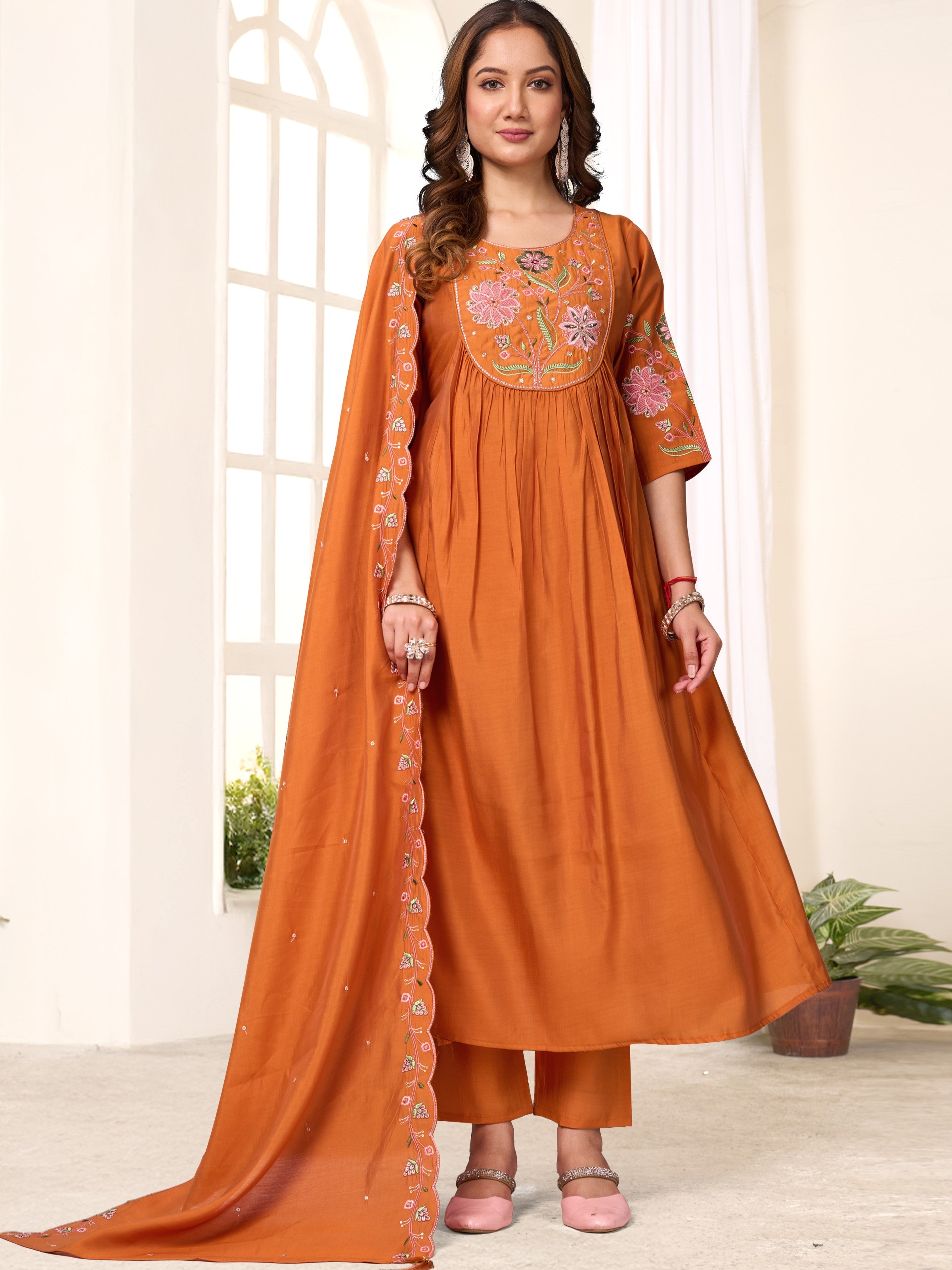 Roman Silk Hand Work Kurti-Pant With Heavy Chanderi Dupatta