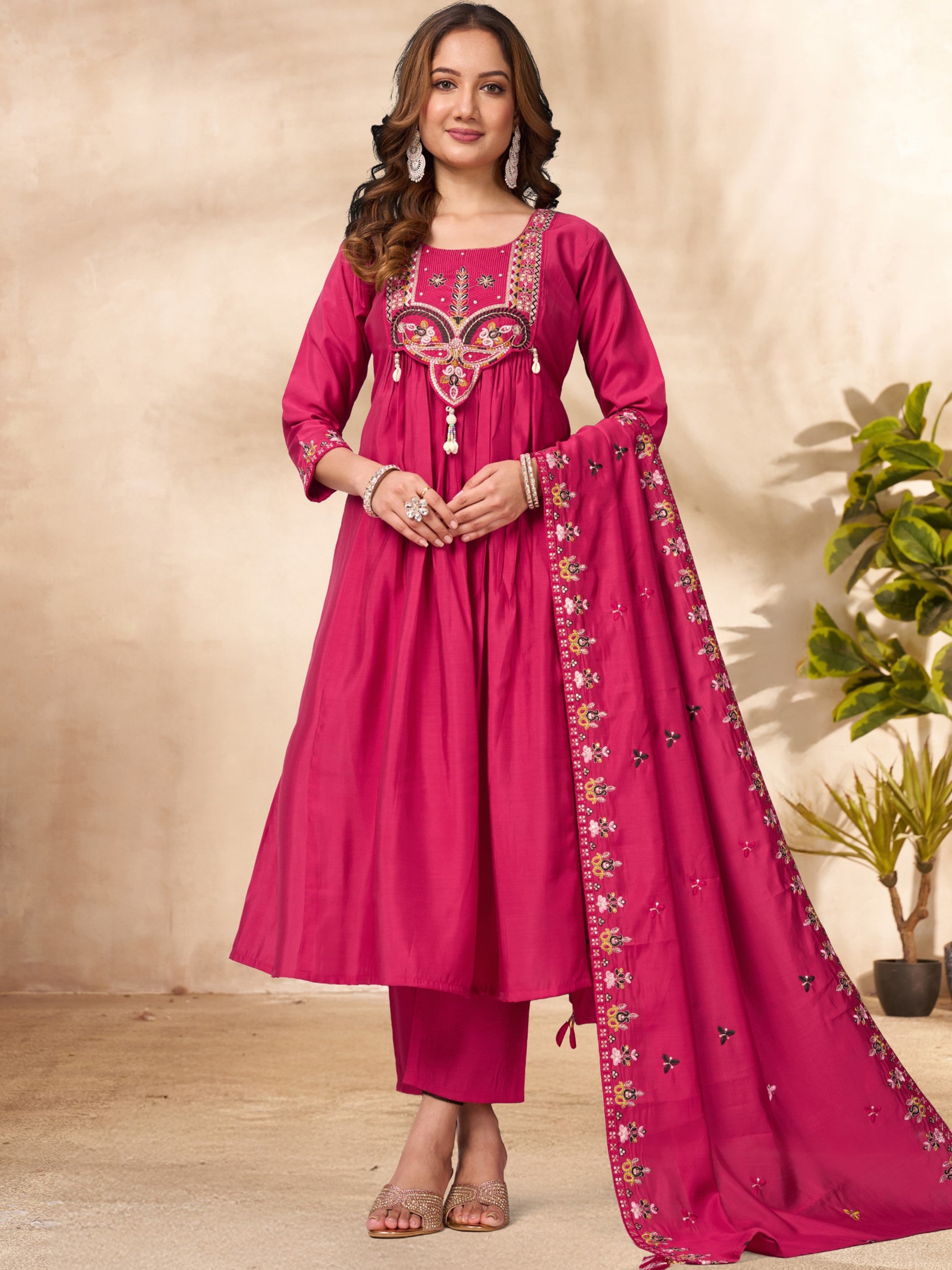 Roman Silk Embroidered Kurti-Pant With Dupatta
