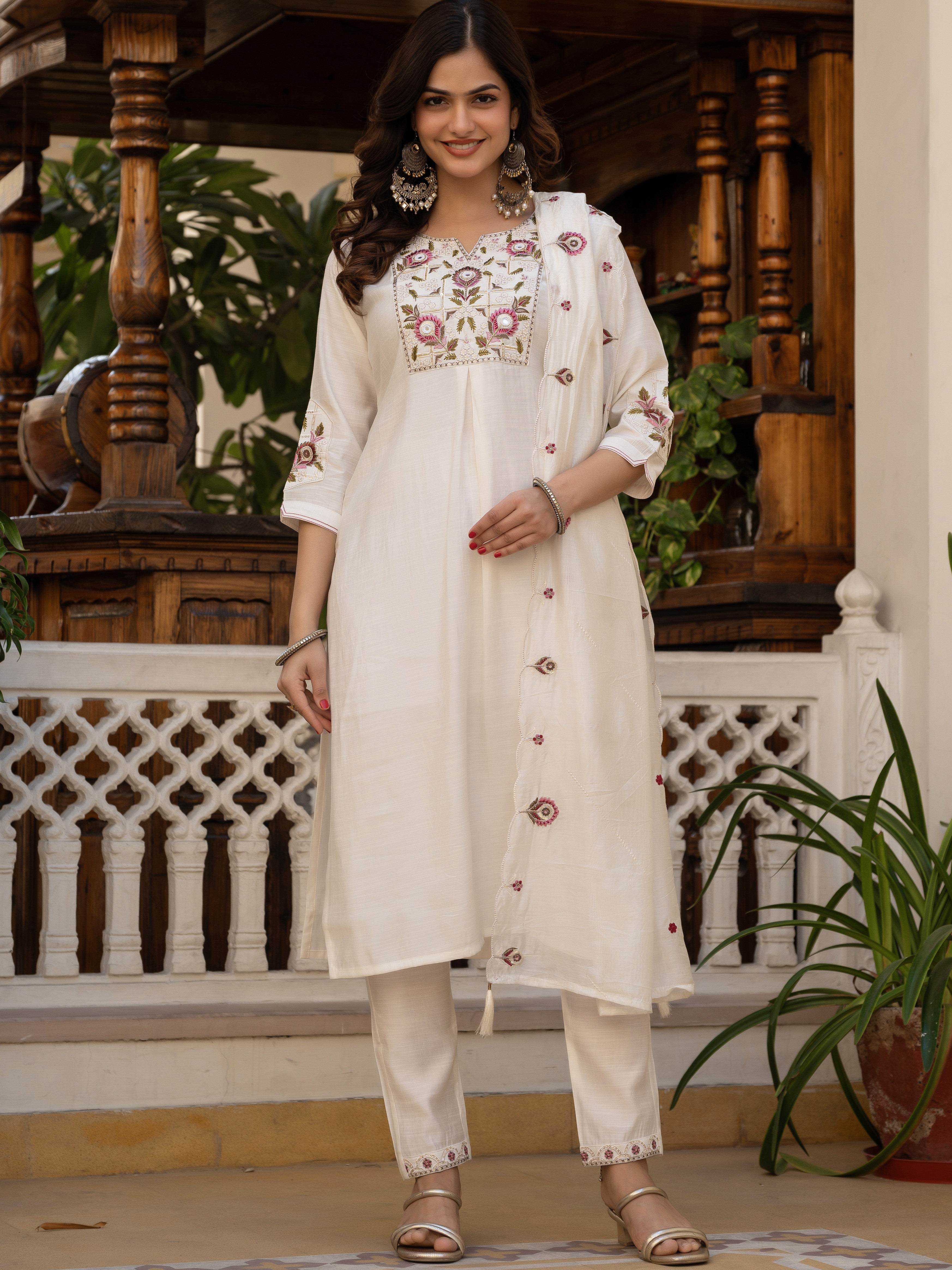 Pure Viscose Multi Embroidered kurti-Pant With Dupatta