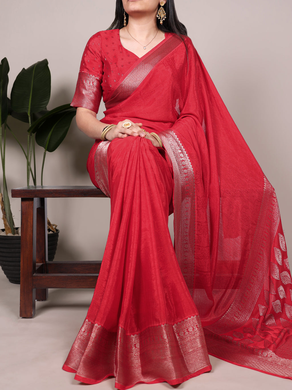 Chinon Self Printed Zari Weaving Saree