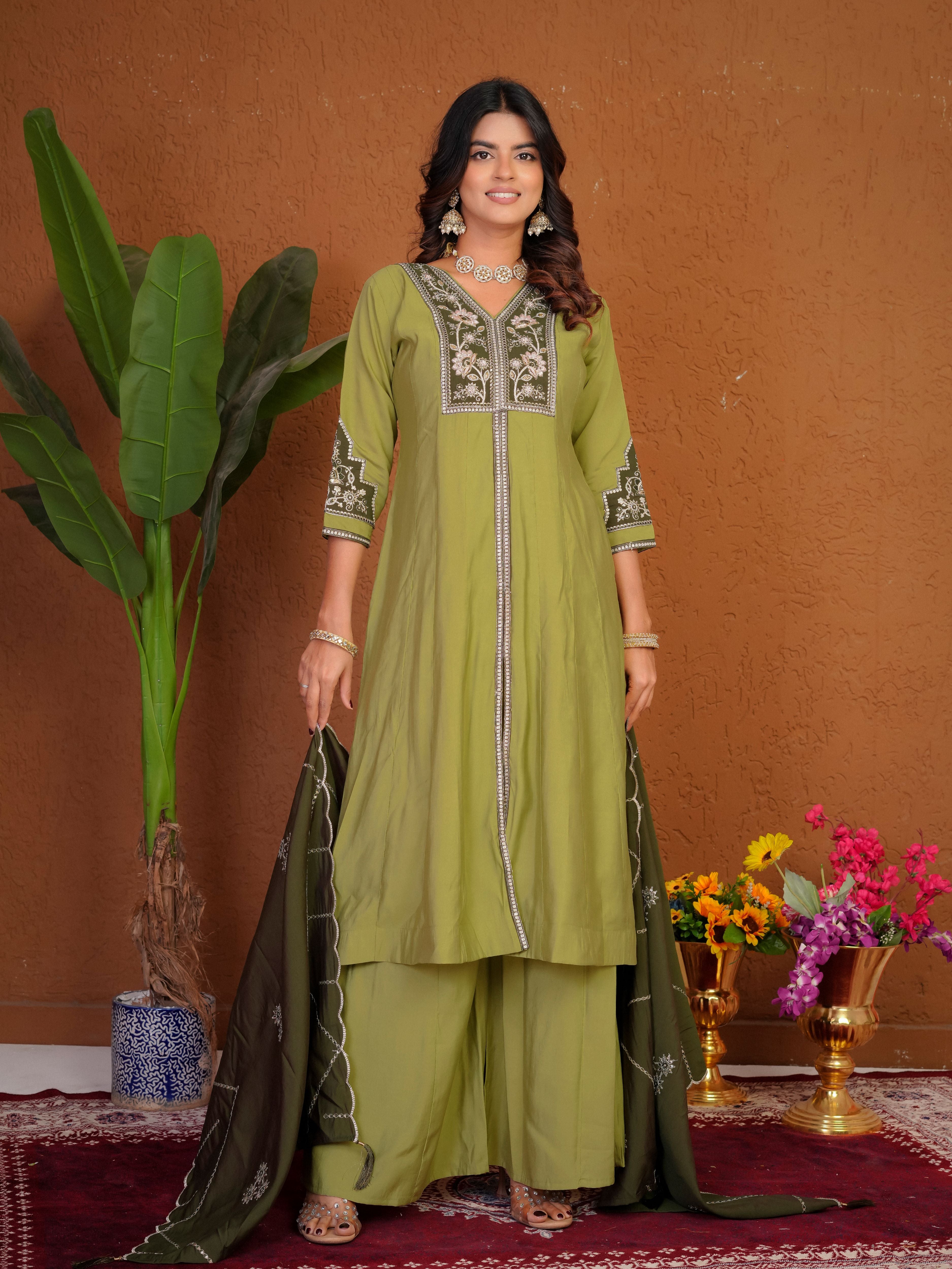 Roman Silk Embroidered Kurti Palazzo With Dupatta
