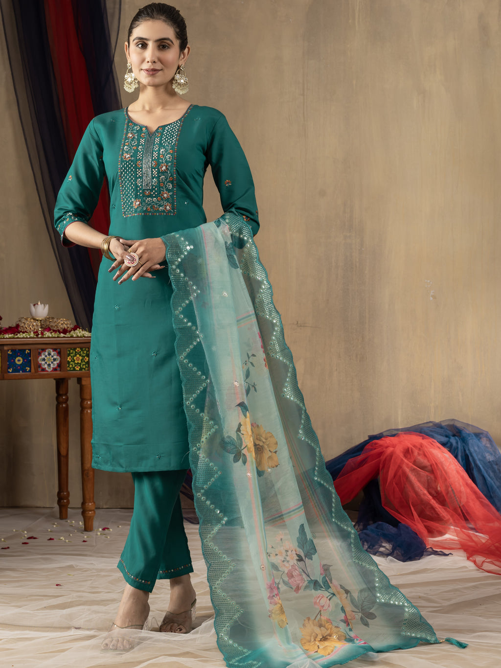 Roman Silk Top Bottom Set For Women