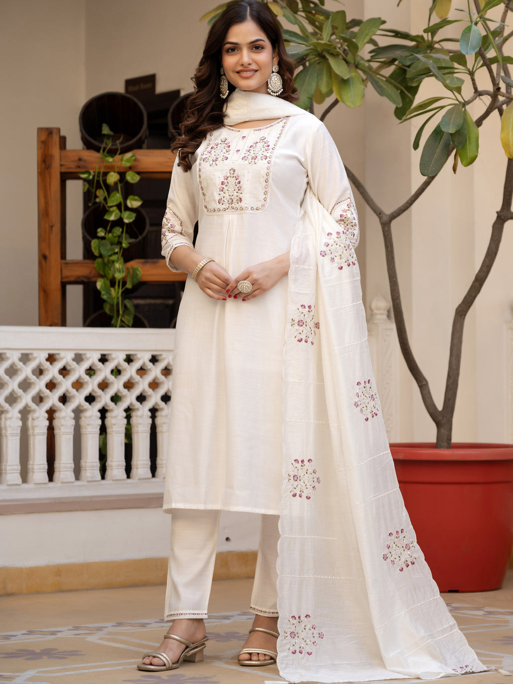 Pure Viscose Multi Embroidered kurti-Pant With Dupatta