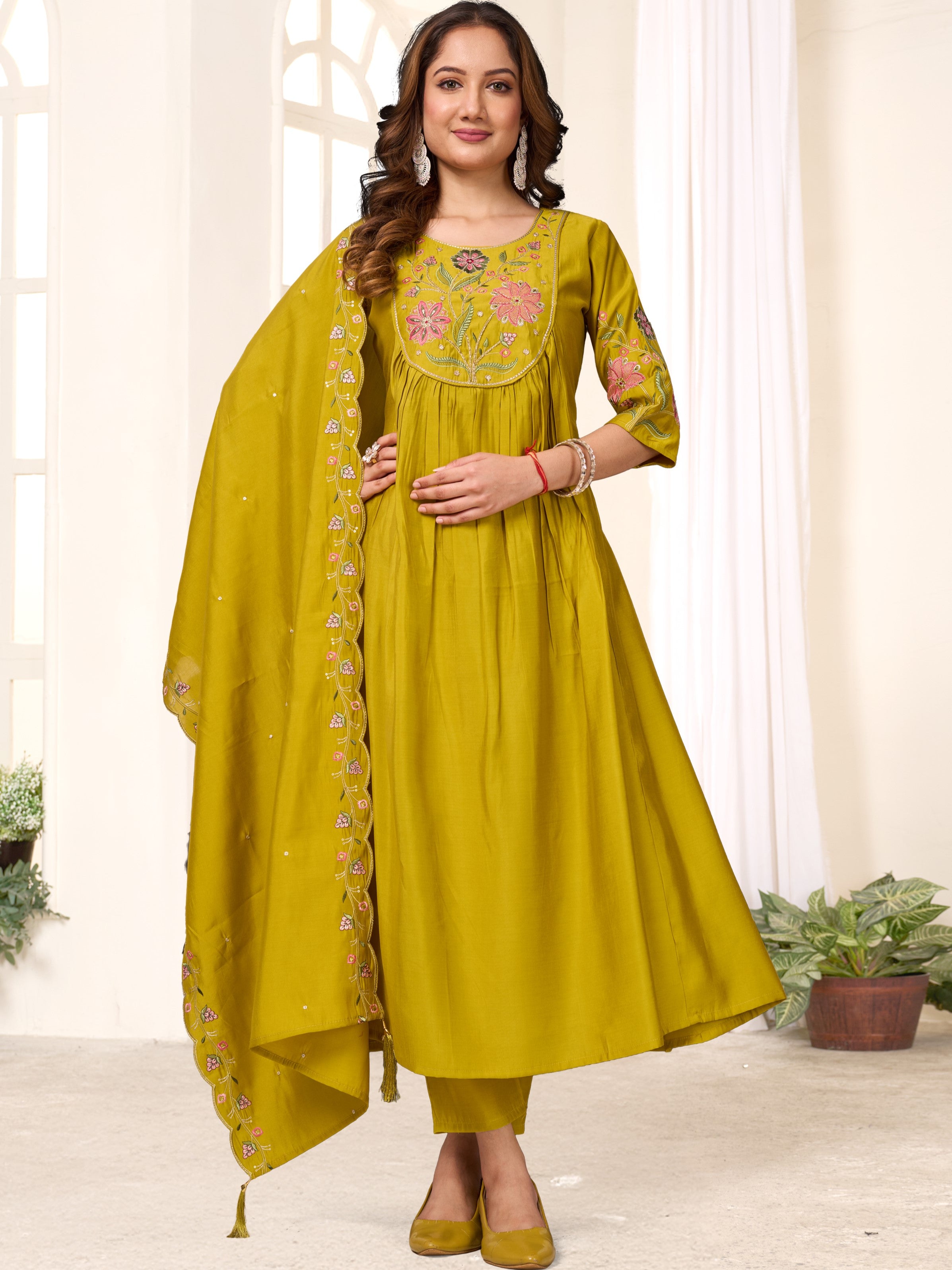 Roman Silk Hand Work Kurti-Pant With Heavy Chanderi Dupatta