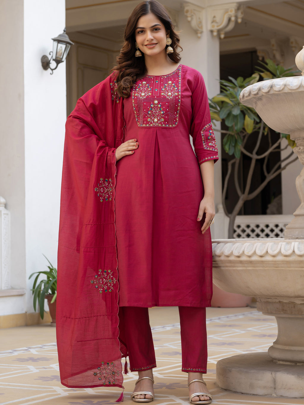 Pure Viscose Multi Embroidered kurti-Pant With Dupatta