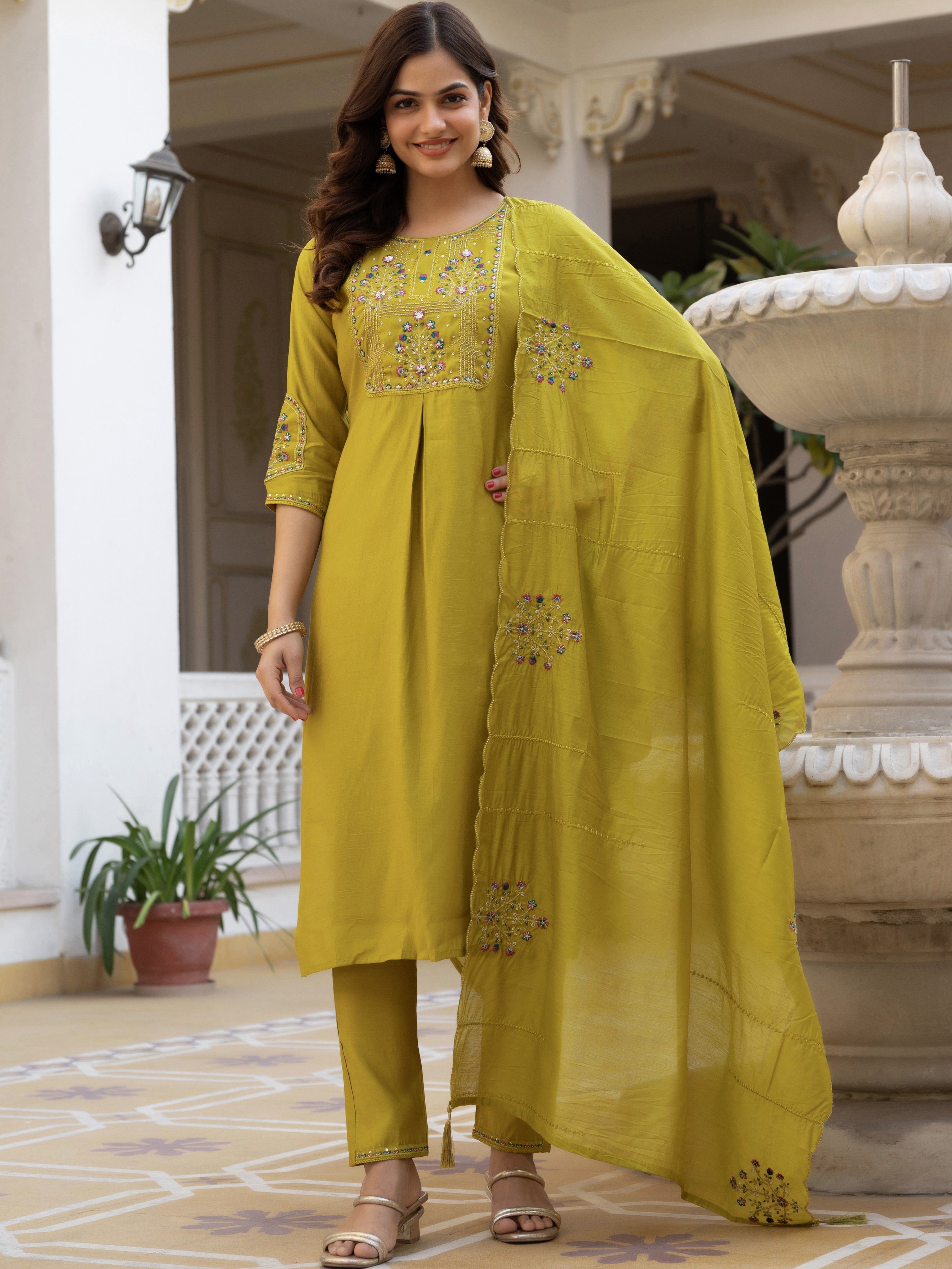 Pure Viscose Multi Embroidered kurti-Pant With Dupatta