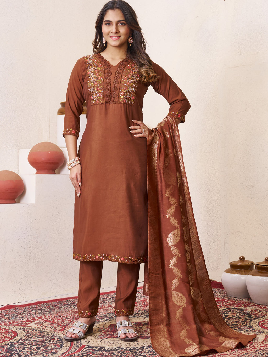 Roman Silk Top Bottom Set For Women