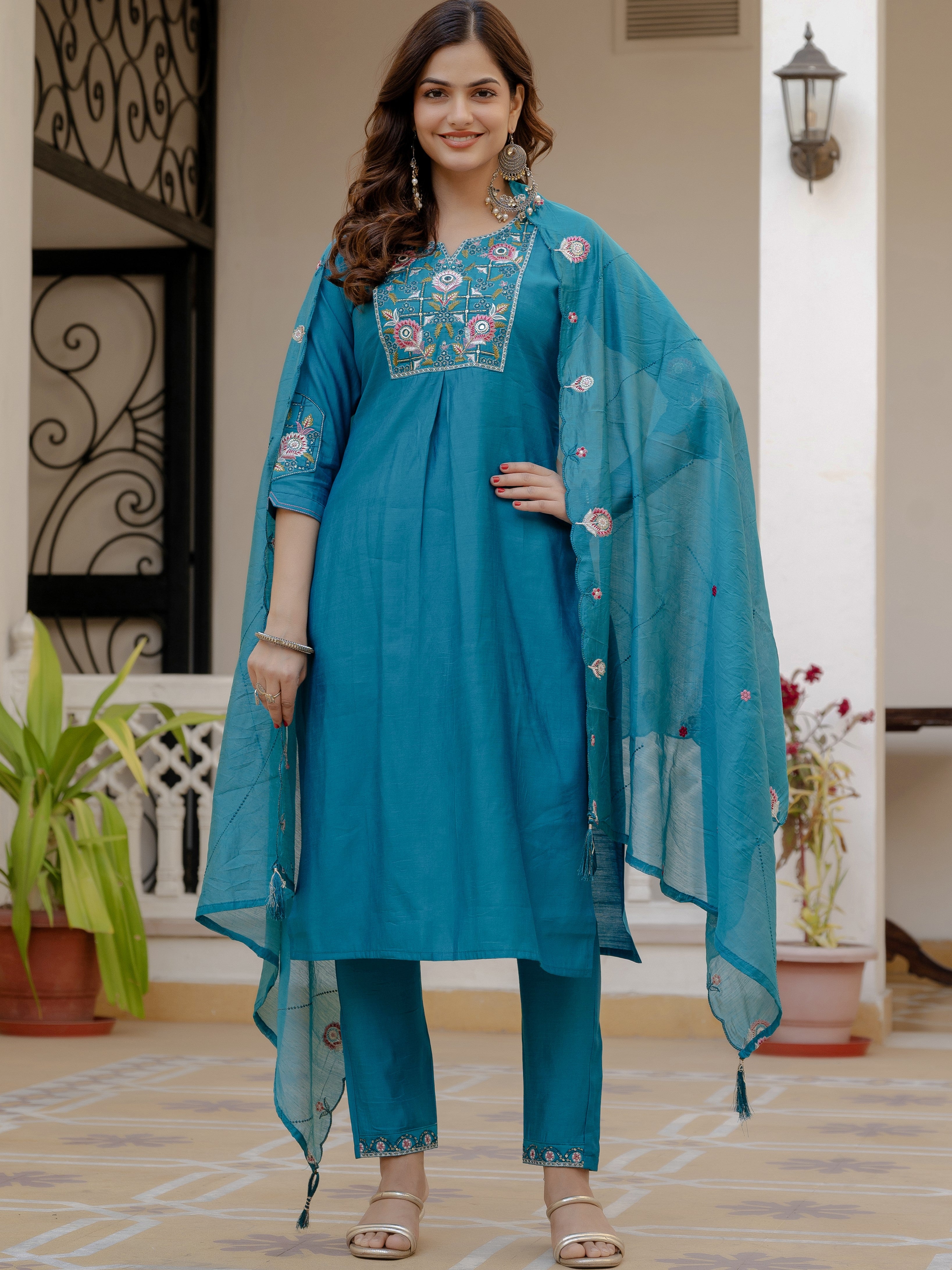 Pure Viscose Multi Embroidered kurti-Pant With Dupatta