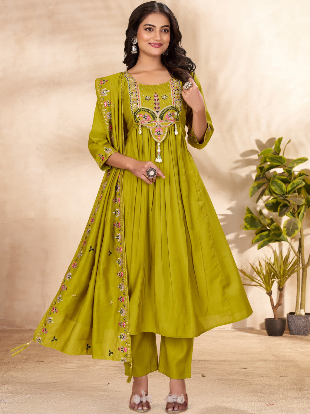 Roman Silk Embroidered Kurti-Pant With Dupatta