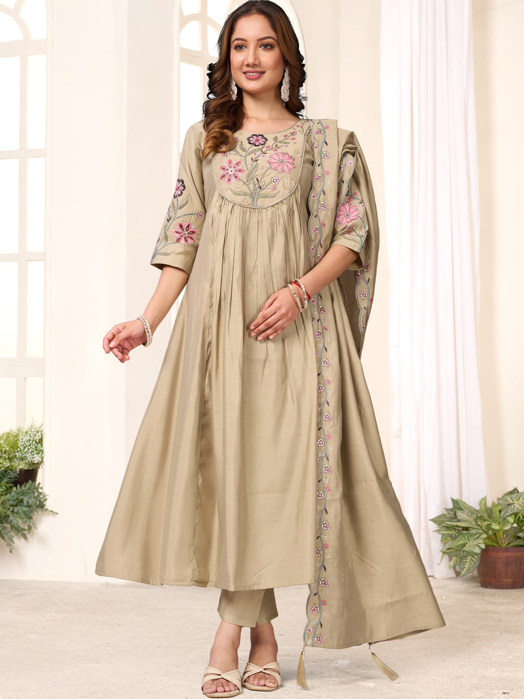 Roman Silk Hand Work Kurti-Pant With Heavy Chanderi Dupatta