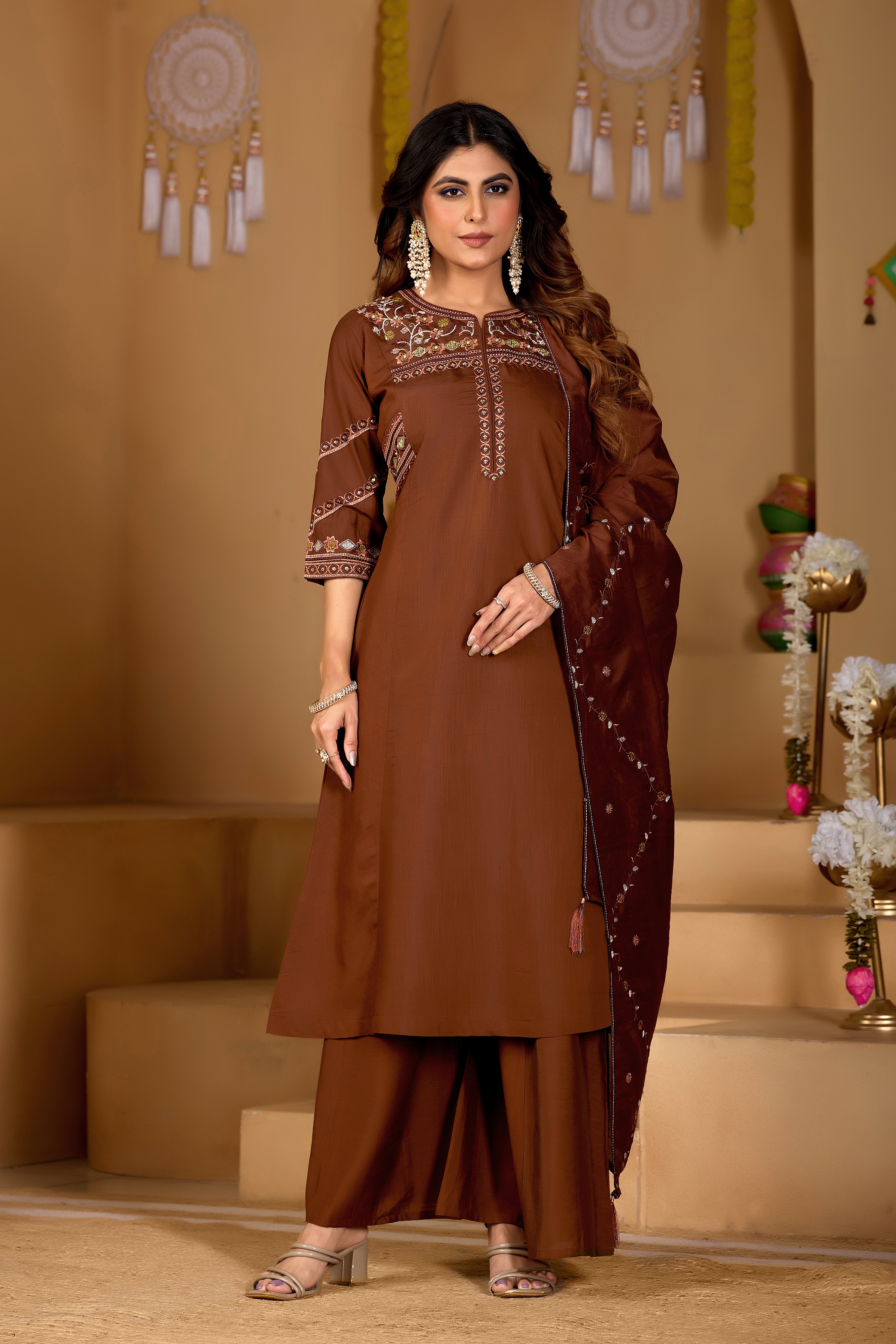 Viscose Multi Thread Embroidered Kurti Palazzo With Dupatta