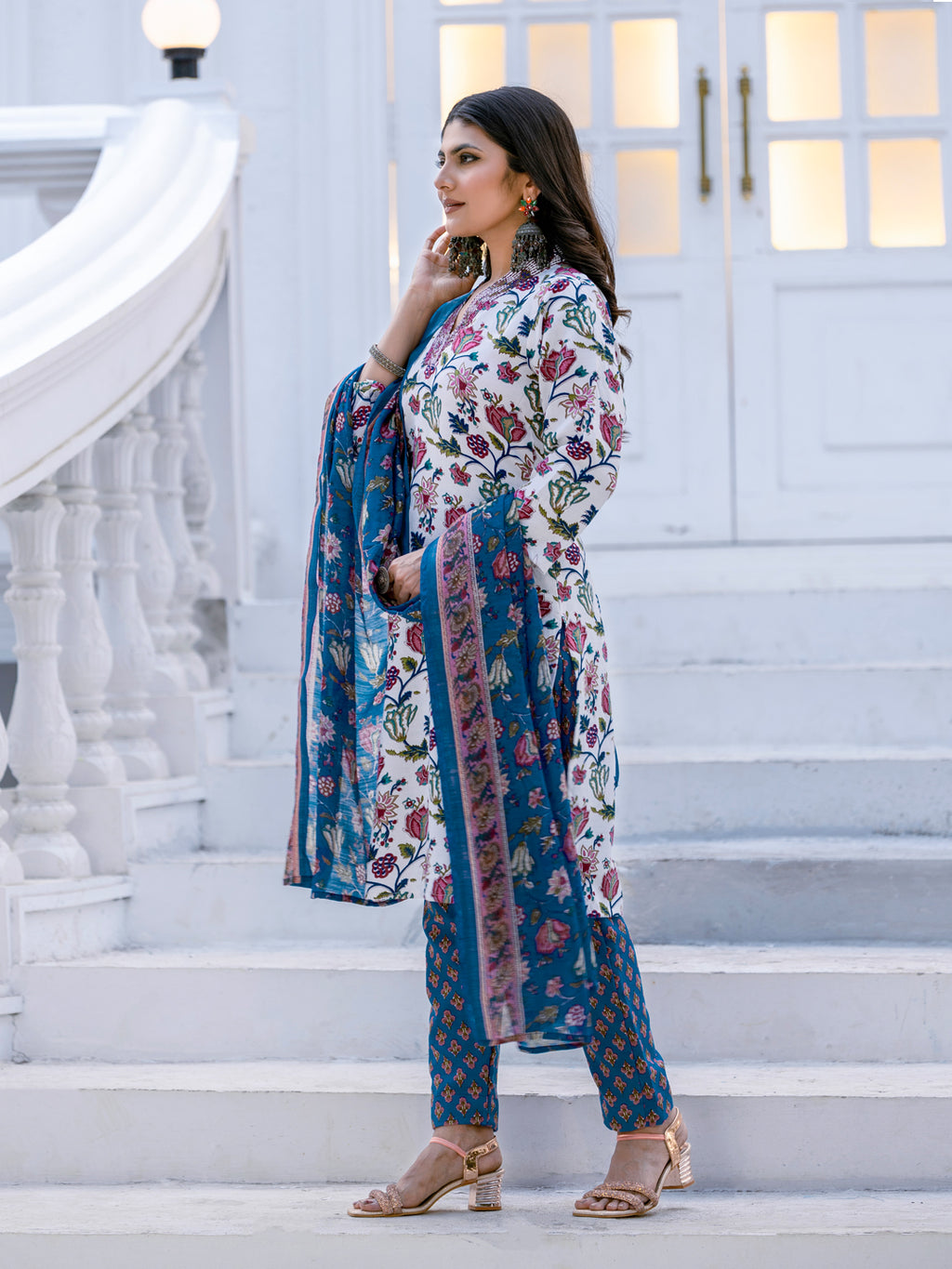 Rayon Thread Embroidered Kurti-Pant With Dupatta