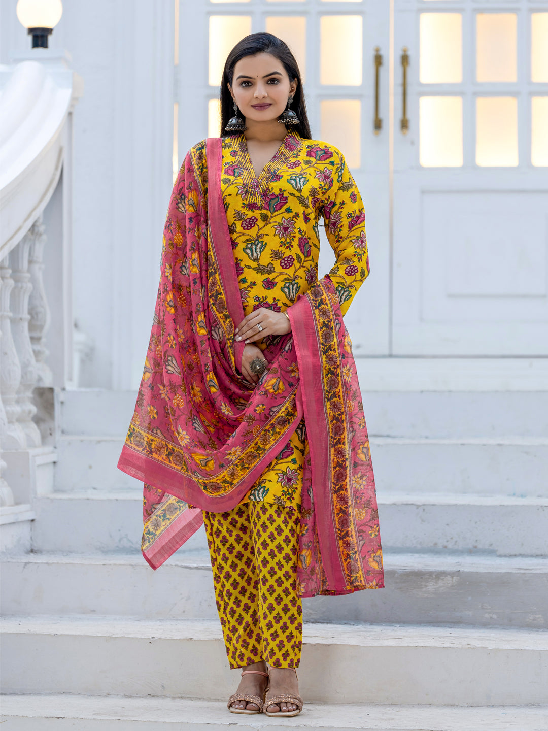 Rayon Thread Embroidered Kurti-Pant With Dupatta