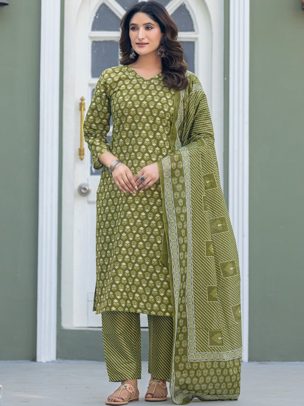 Cotton Printed Kurti-Pant With Dupatta