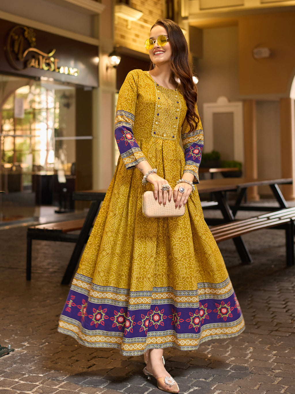 Rayon Printed Embroidered Gown