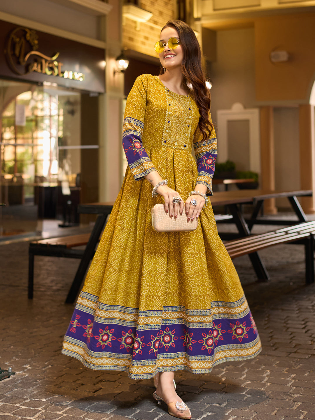 Rayon Printed Embroidered Gown