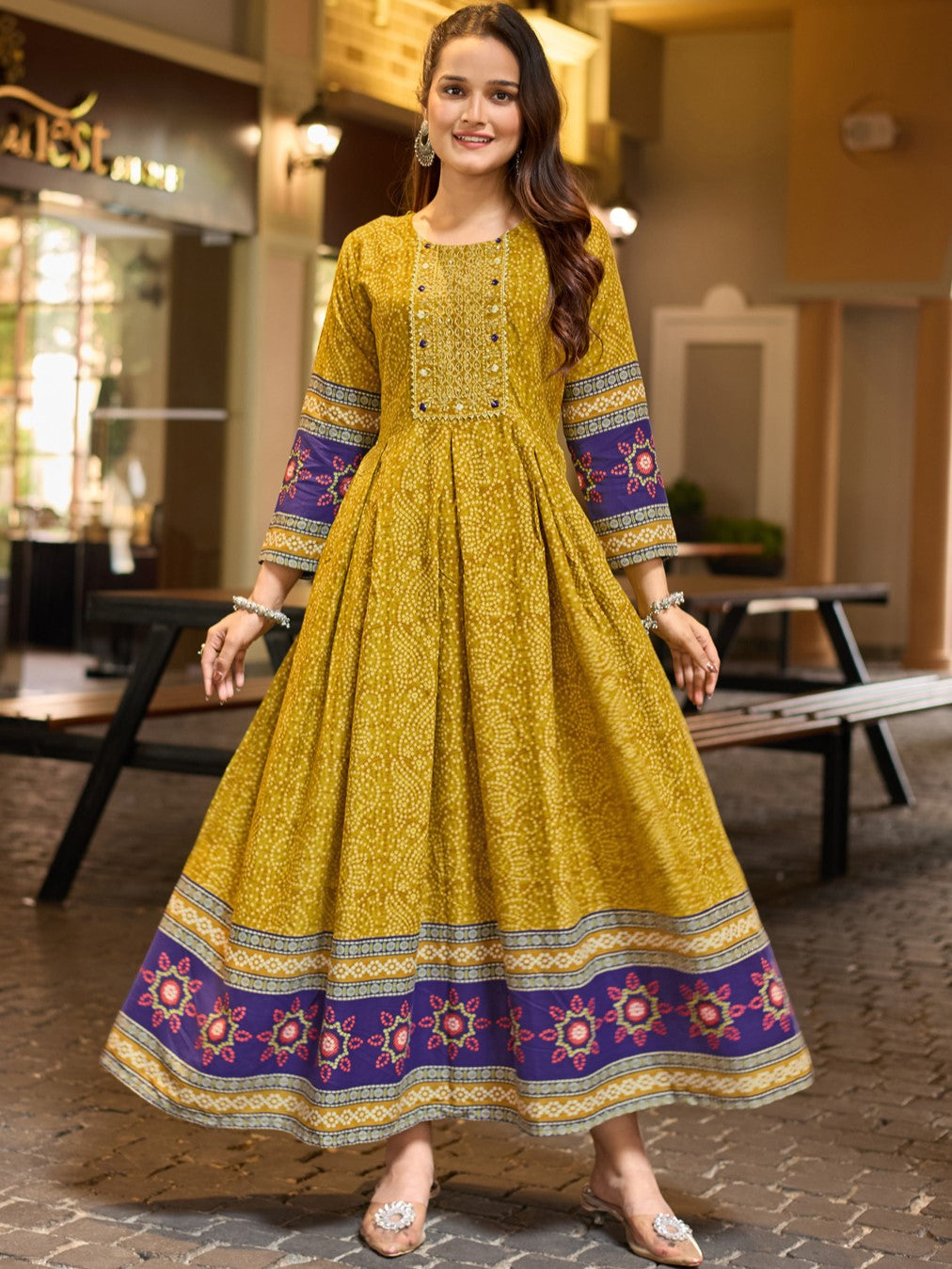 Rayon Printed Embroidered Gown