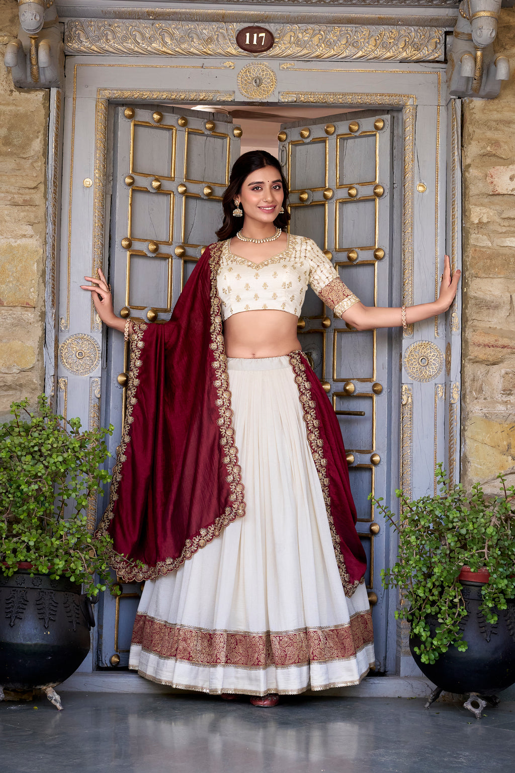 Vichitra Silk Thread Embroidered Lehenga With Dupatta