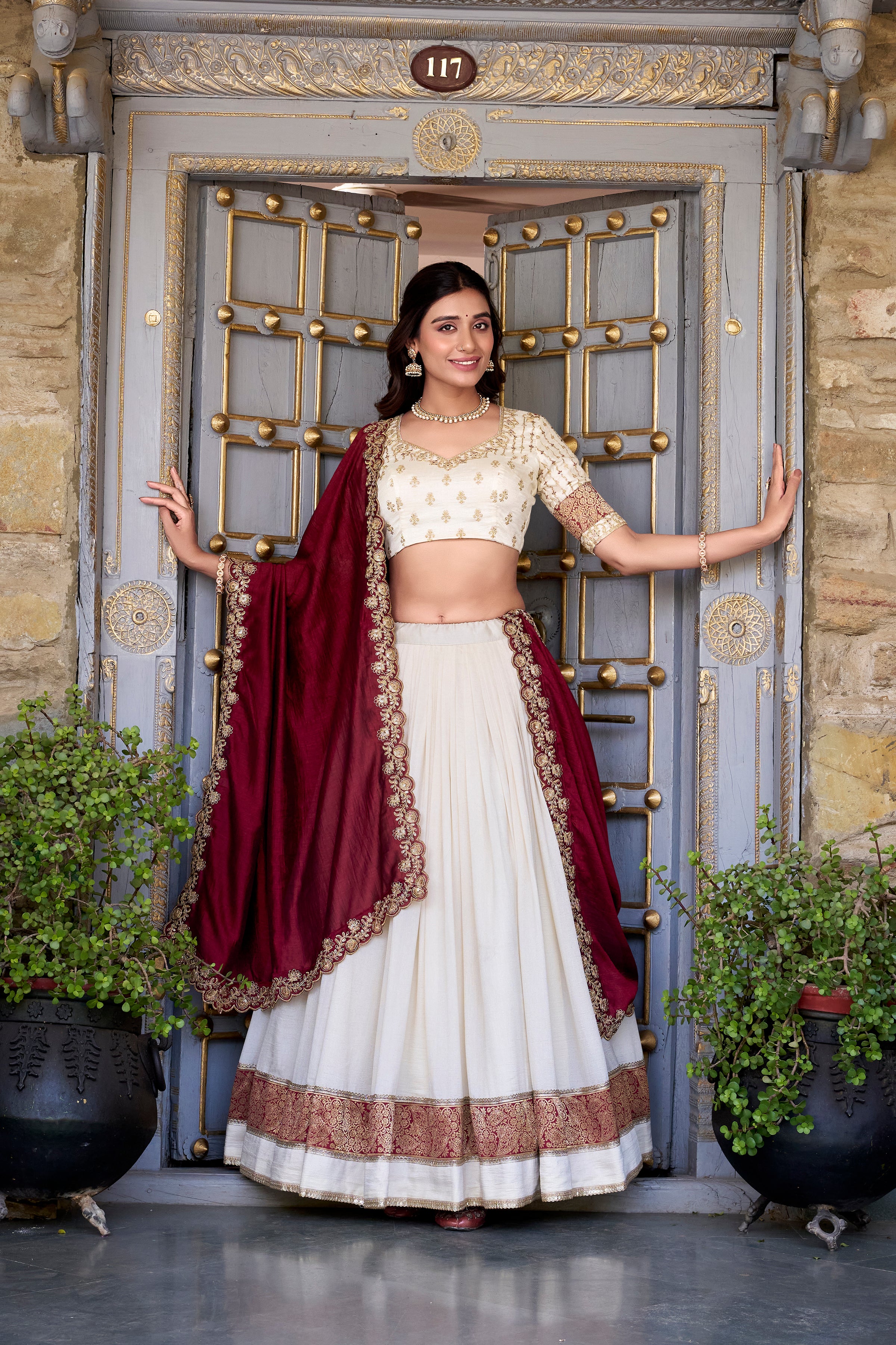 Vichitra Silk Thread Embroidered Lehenga With Dupatta