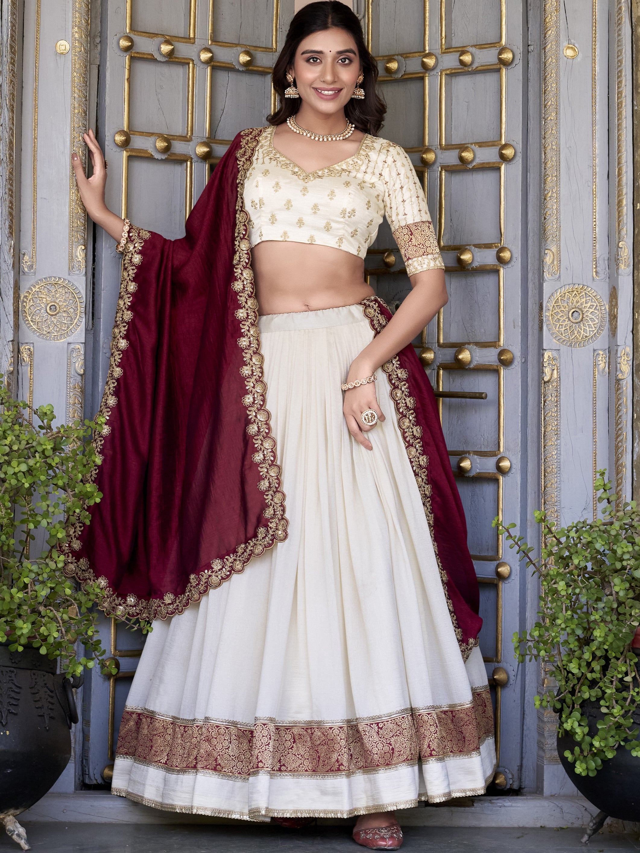 Vichitra Silk Thread Embroidered Lehenga With Dupatta